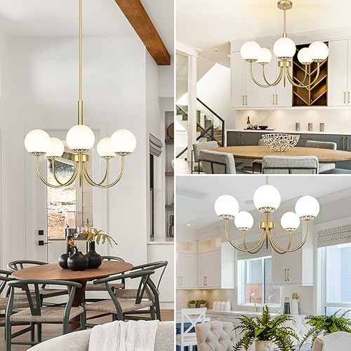 Miniatura 8 de Yolsunes Lámpara de araña dorada de 5 luces, lámpara Sputnik moderna con vidrio esmerilado, lámpara de techo semiempotrada vintage para comedor,