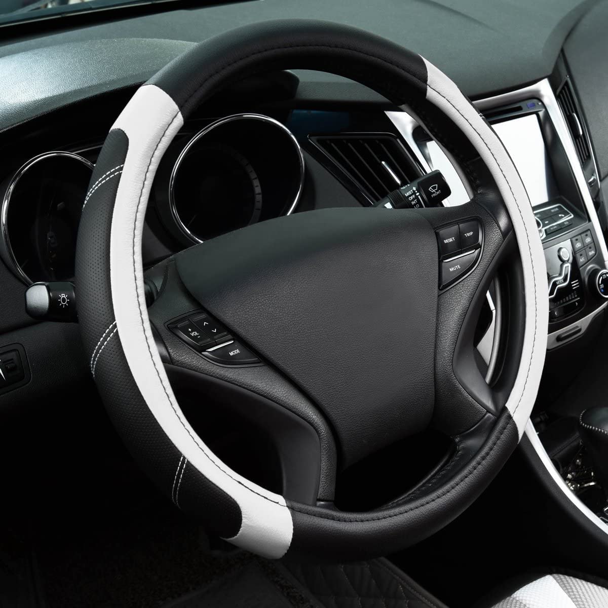 Ostin Car Steering Wheel Cover Microfiber Leather Universal Soft Anti-Slip Breathable Car Steering Wheel Size M 14.5-15 inch - No Stitching Needed for Car, Truck, SUV (Black & White)-image-24