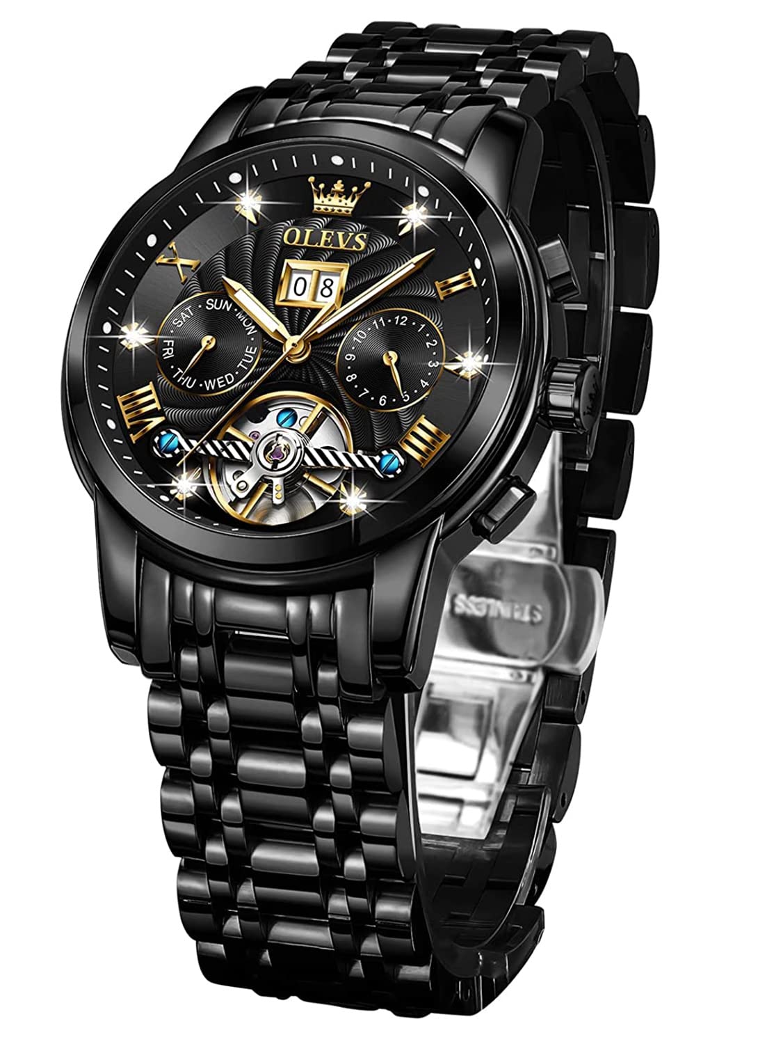 OLEVSAutomatic Men Watch Tourbillon Self Winding Mechanics Luxury Business Stainless Steel Luminous Waterproof Wrist Watch