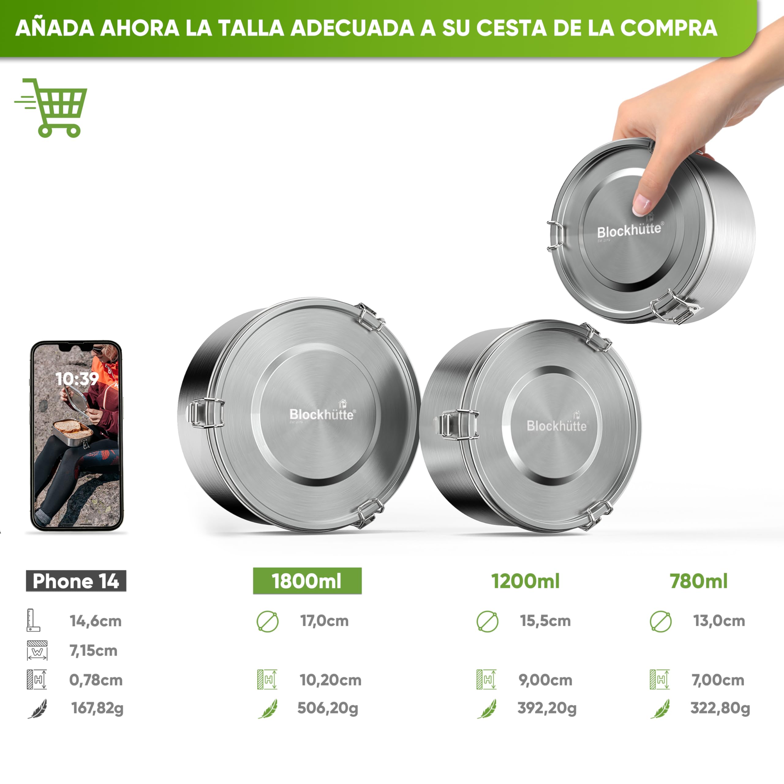 Blockhütte Fiambrera Acero Inoxidable I 1800ml I Tartera con Cuchara y 2 Juntas, Bento Box, Tupper Acero Inoxidable a Prueba de Fugas, Lunch Box Ninos y Adultos, Fiambrera Acero
