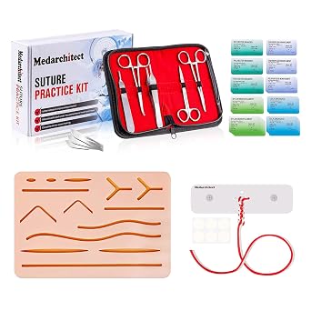 Medarchitect Suture Practice Complete Kit 30 Pieces&Surgical Knot Tying Practice Board, Medical Student Suture Training, Include Upgrade Suture Pad with 14 Pre-Cut Wounds, Suture Tools