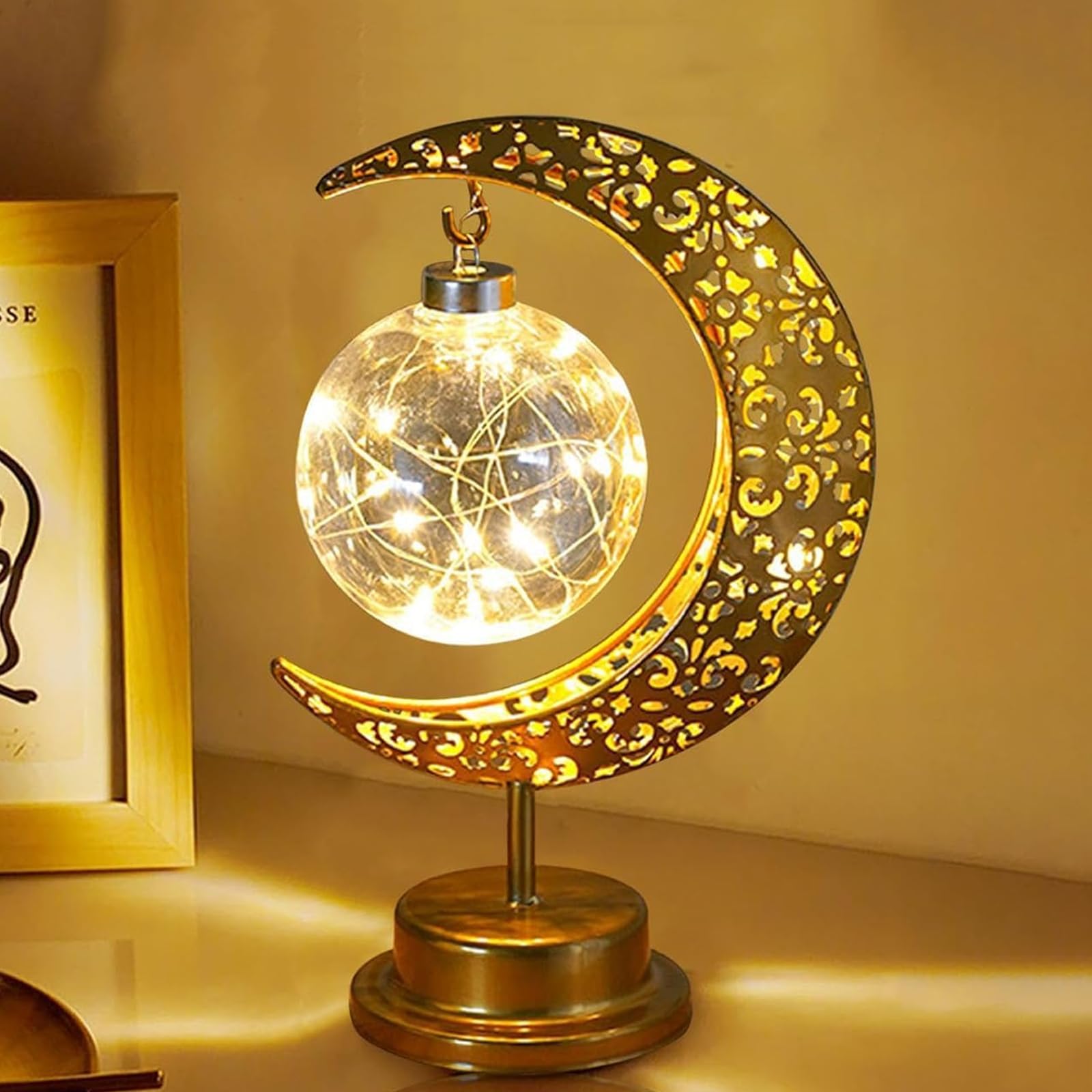 DXstringRamadan Decorations Light, Moon Star Table Lamp for Bedroom, Corldless Gold Ramandan Light for Home Living Room Party Festival, Ramadan Decor Night light（Sphere）