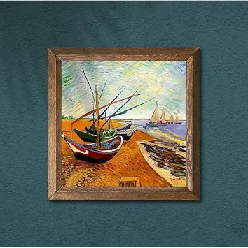 Pinecone Vincent van Gogh Fishing Boats Stone Wall Painting - Stone Painting with Wooden Frame - 25x25 cm - Decorative Wall Art - Modern Home and Office Wall Decoration W1-277