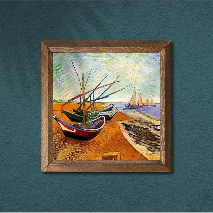 Pinecone Vincent van Gogh Fishing Boats Stone Wall Painting - Stone Painting with Wooden Frame - 25x25 cm - Decorative Wall Art - Modern Home and Office Wall Decoration W1-277