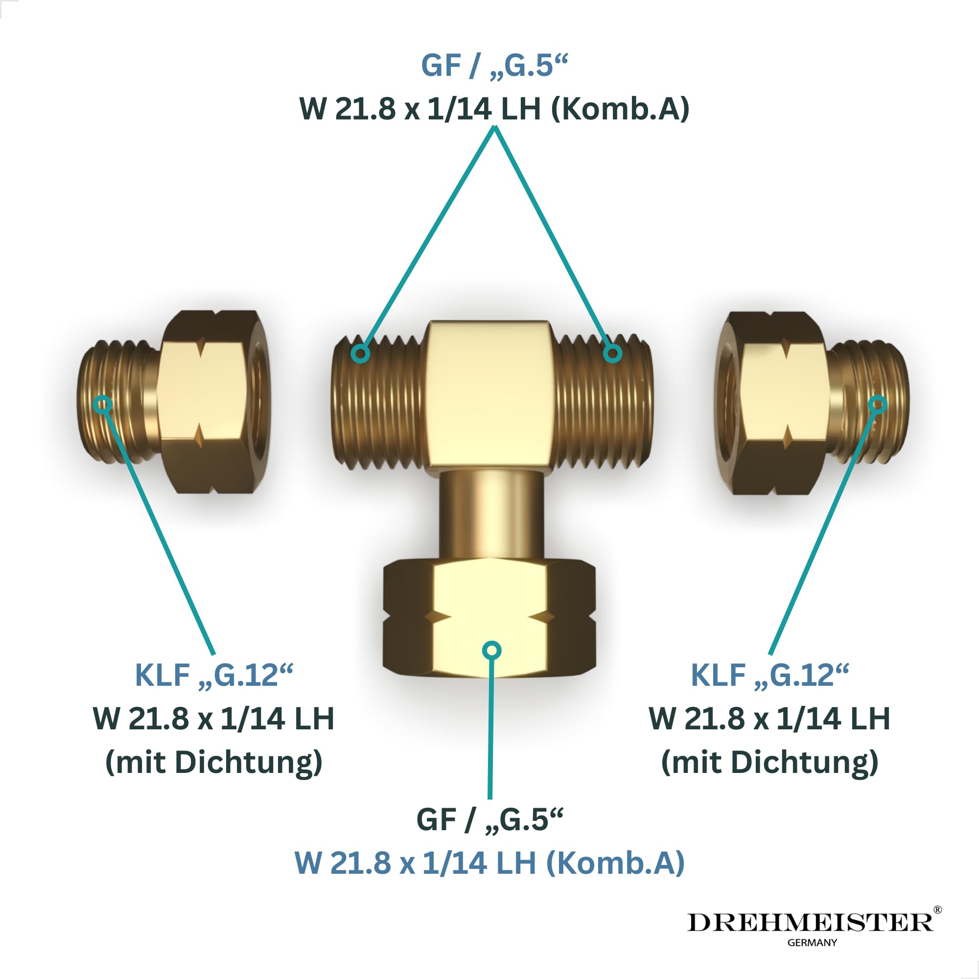 LPG T-Stück Adapter für alle Regler G.5 auf G.12 – Anschluss für 2 Gasflaschen oder Druckregler – Messing Verteiler für Großflasche W21.8 x 1/14 LH