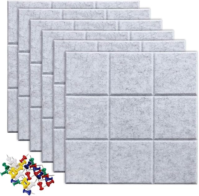 Uoisaiko Large Felt Board Tiles with 30 Pins, 30x30cm Pack of 6 Bulletin Board Notice Boards for Home Office Kitchen, Self Adhesive Pin Board Wall Tiles for Photos Memos