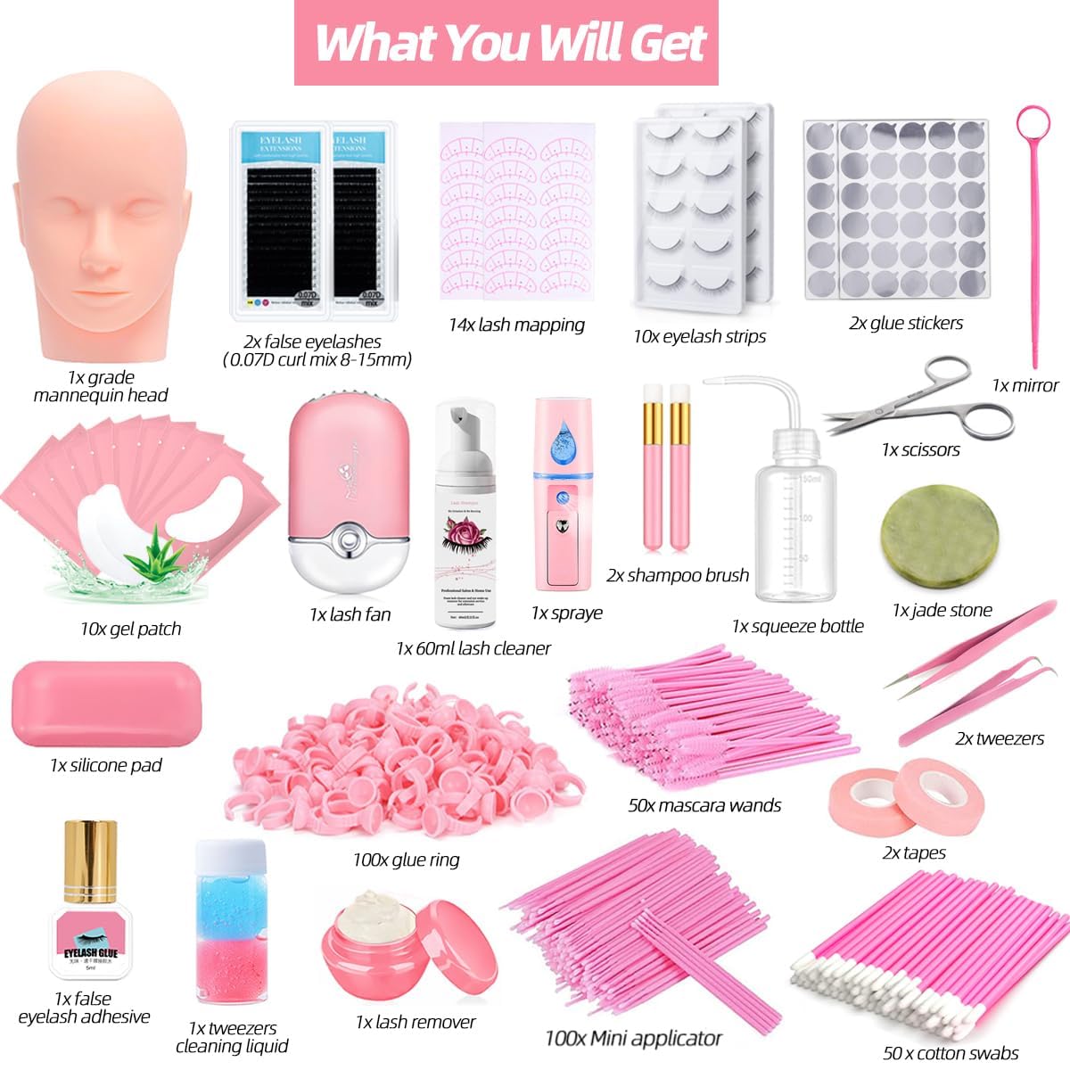 DNSGOOR Lash Extension Kit Professional Eyelash Extensions Supplies Training for Beginners Mannequin Head Grafting Lash USB Fan Lash Shampoo Brush Spraye 0.07D Curl Mix 8-15mm Practice Eyelash Strips - Image 2