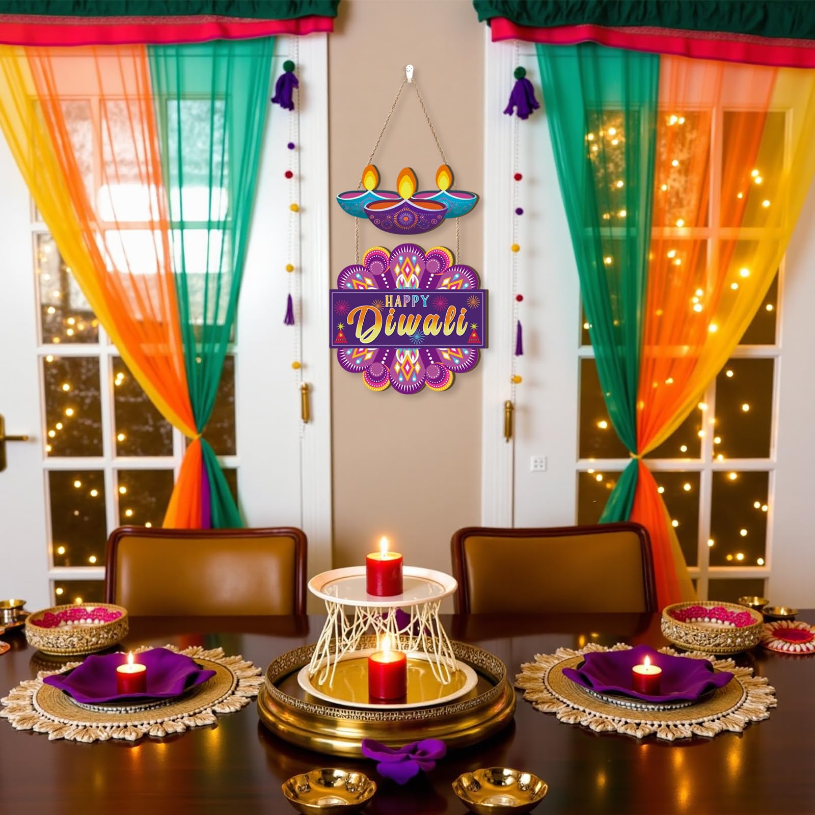 Aurlan Letrero de puerta Happy Diwali, decoración de madera para fiesta de Diwali, festival de luces, placa de pared temática Deepavali, decoración de puerta Diyas, letrero colgante de madera Dewalee