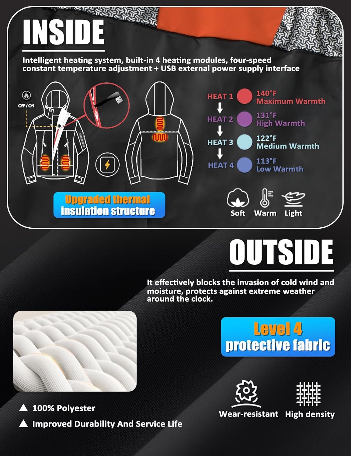 Men's Heated Jacket Winter Waterproof Ski Jacket Insulated Windproof Outdoor Heated Coat Mountain Windbreaker - Image 4