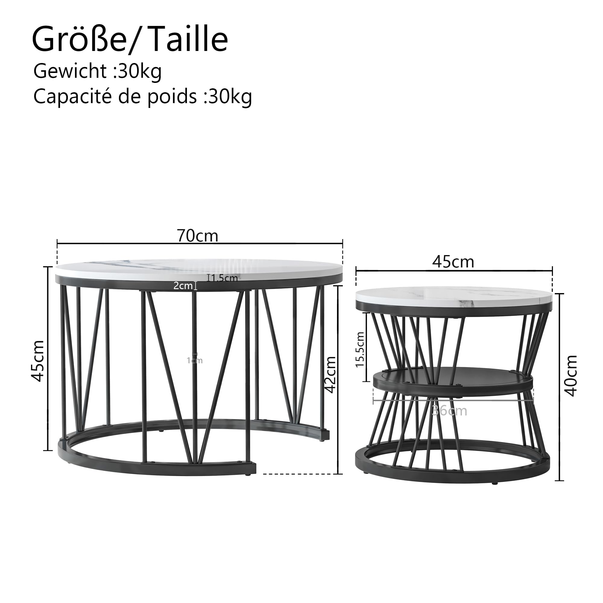 BRILVERDE Set di 2 tavolini rotondi, con vano portaoggetti, effetto marmo e struttura in metallo, per soggiorno, balcone (nero)