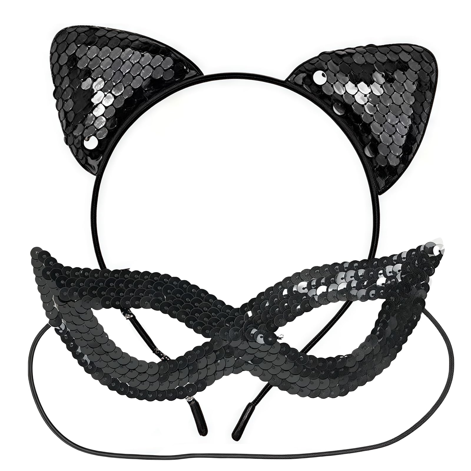 Halloween Cat Ears Headband with Catwoman Mask, Cosplay Sweet Sexy Women Lace Hair Accessories Headband Costume for Halloween Makeup Party