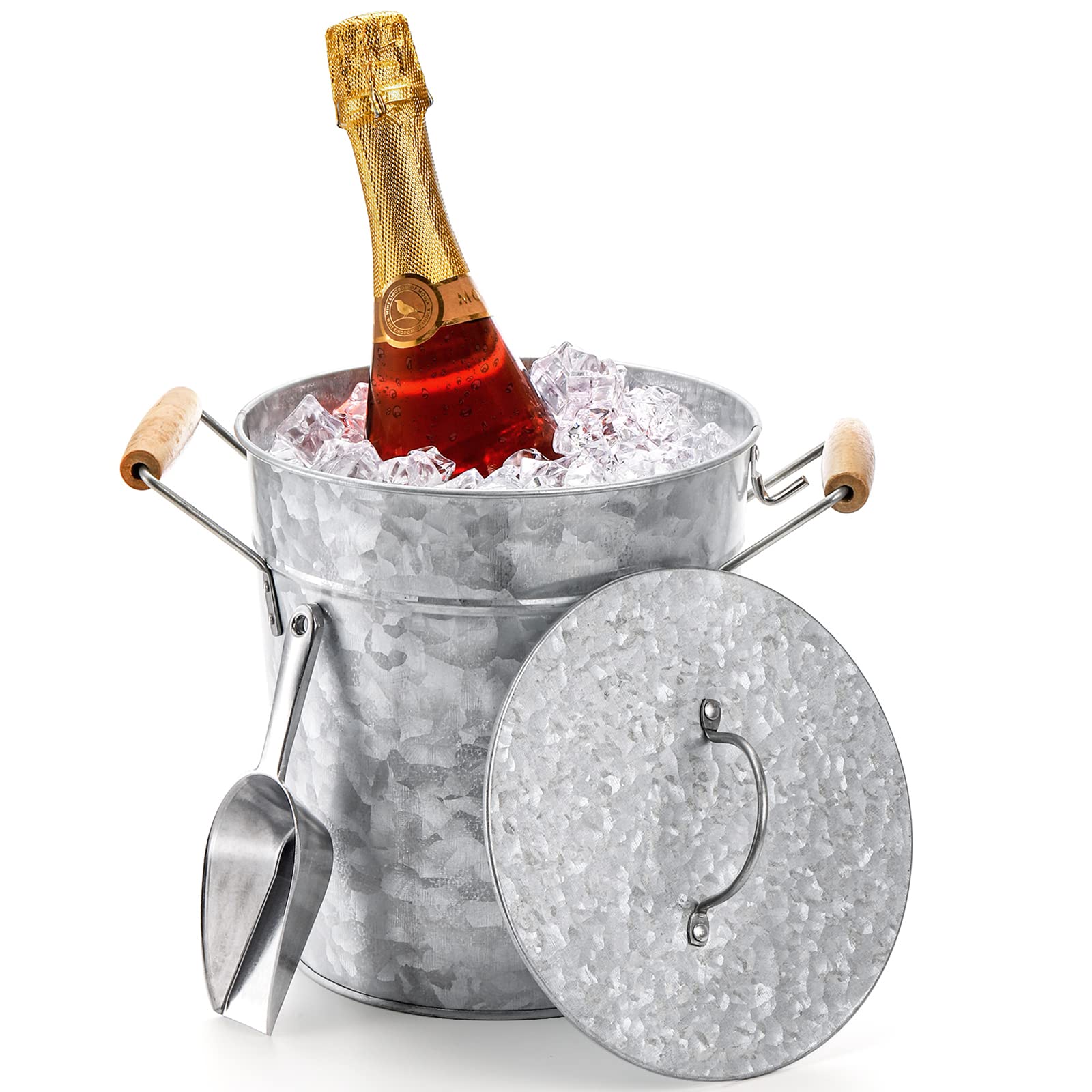 Frcctre 3L Vintage-Eiskübel mit Deckel, verzinktes Metall, Getränke-Eimer mit Schaufel und Tragegriffen, silberfarbenes Kühlgetränkeset für Bar, Party, Grill
