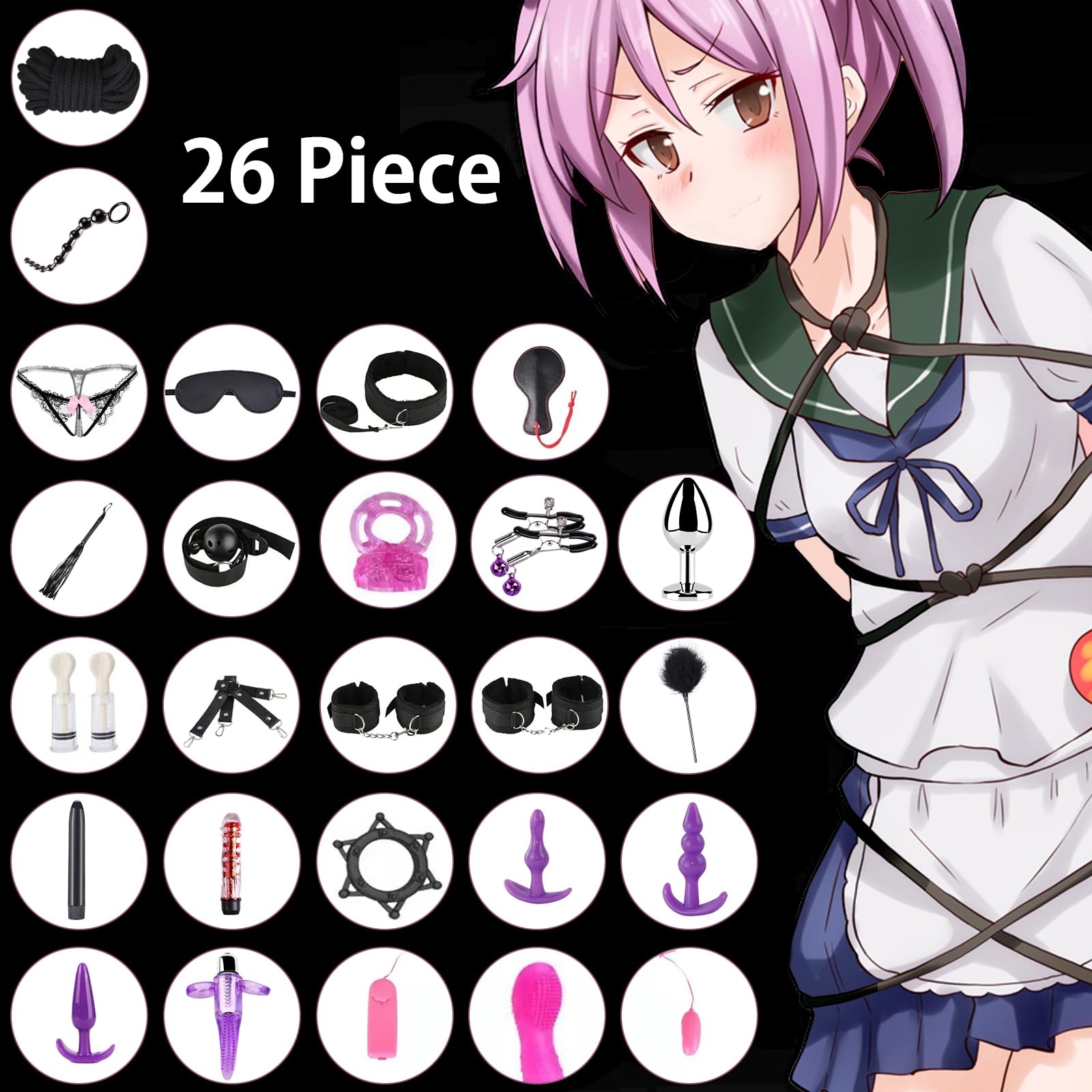 Qoosea 26 Piezas SM Bondage Kit, BDSM Restraints Kits Erótico Set Juguetes Sexuales Plug Anal Butt Plug Set para Parejas Bondage Set Esposas para Principiantes y Experimentados