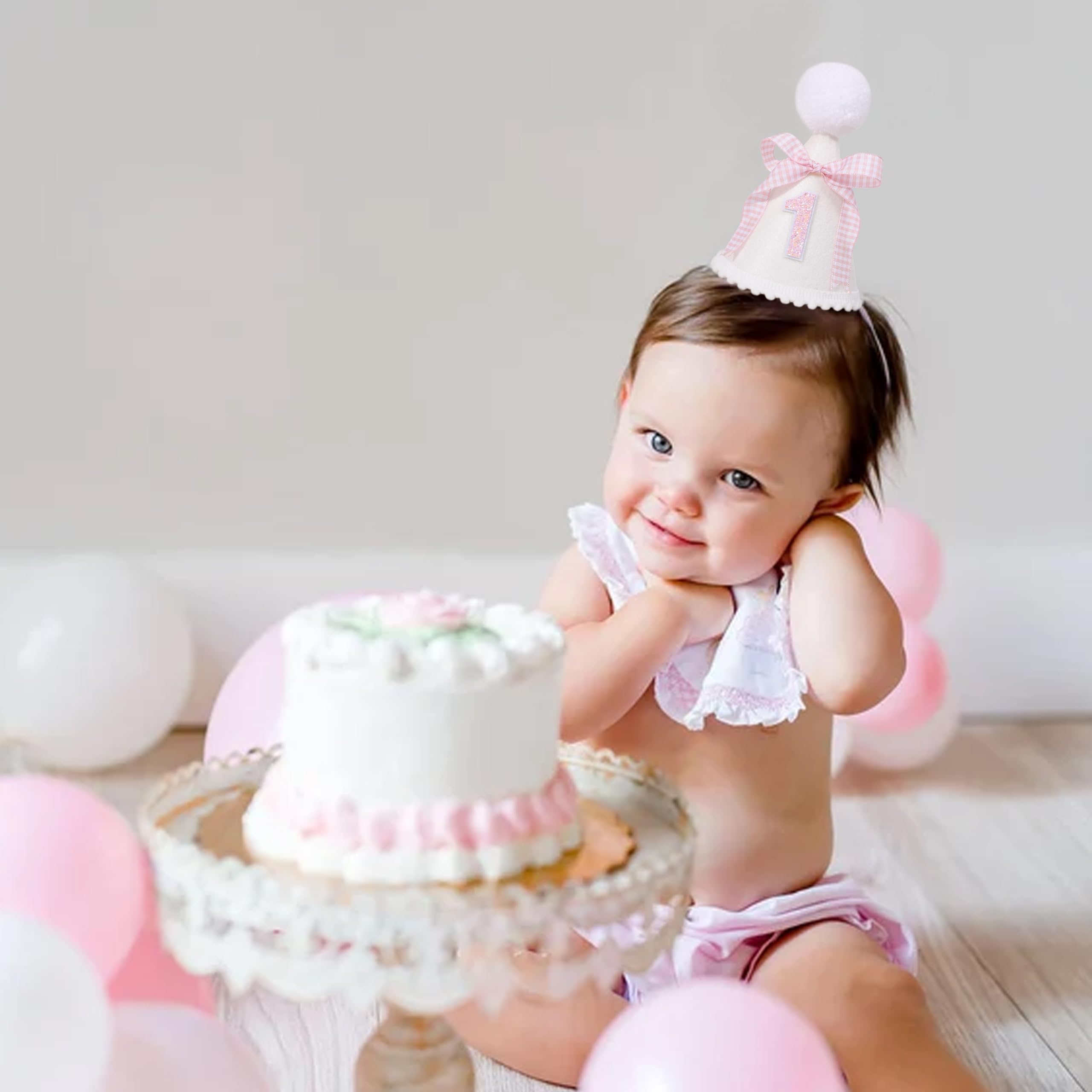 Pink Bow 1st Birthday Hat - Baby Girls 1st Birthday Crown, Pink First Birthday Decoration, Princess 1st Birthday Decor for Girls, Cake Smash Props