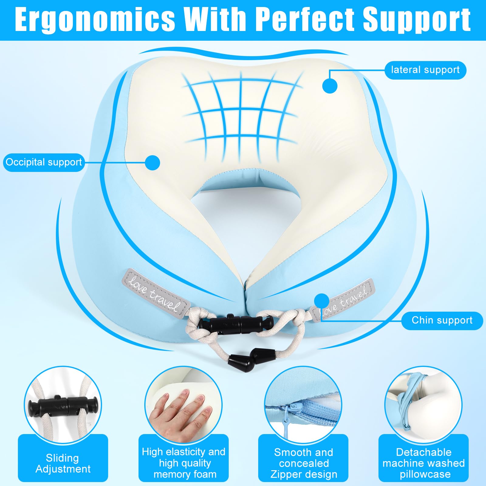 Cuscino da Viaggio Aereo, Cuscino Cervicale Memory Foam Ergonomico a Forma di U con Federa in Ice-Seta, Ideale per Auto Treno Ufficio, Incluso Maschera per Dormire e Tappi per le Orecchie