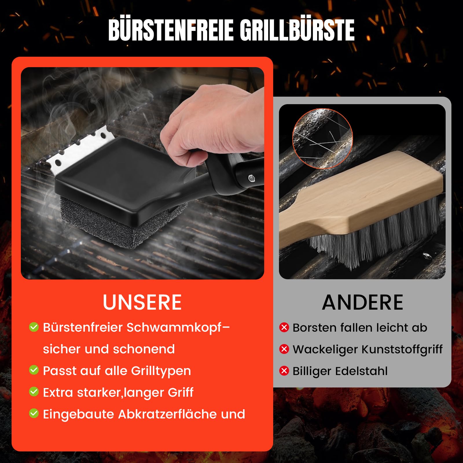 Grillbürste, 4-in-1 Grillbürste Gusseisen mit Edelstahlschaber, wiederverwendbarer Grillreinigungsbürstenkopf, bestes Grillzubehör ür Gasgrill, Holzkohlegrill, Grillrost - Geschenke für Männer