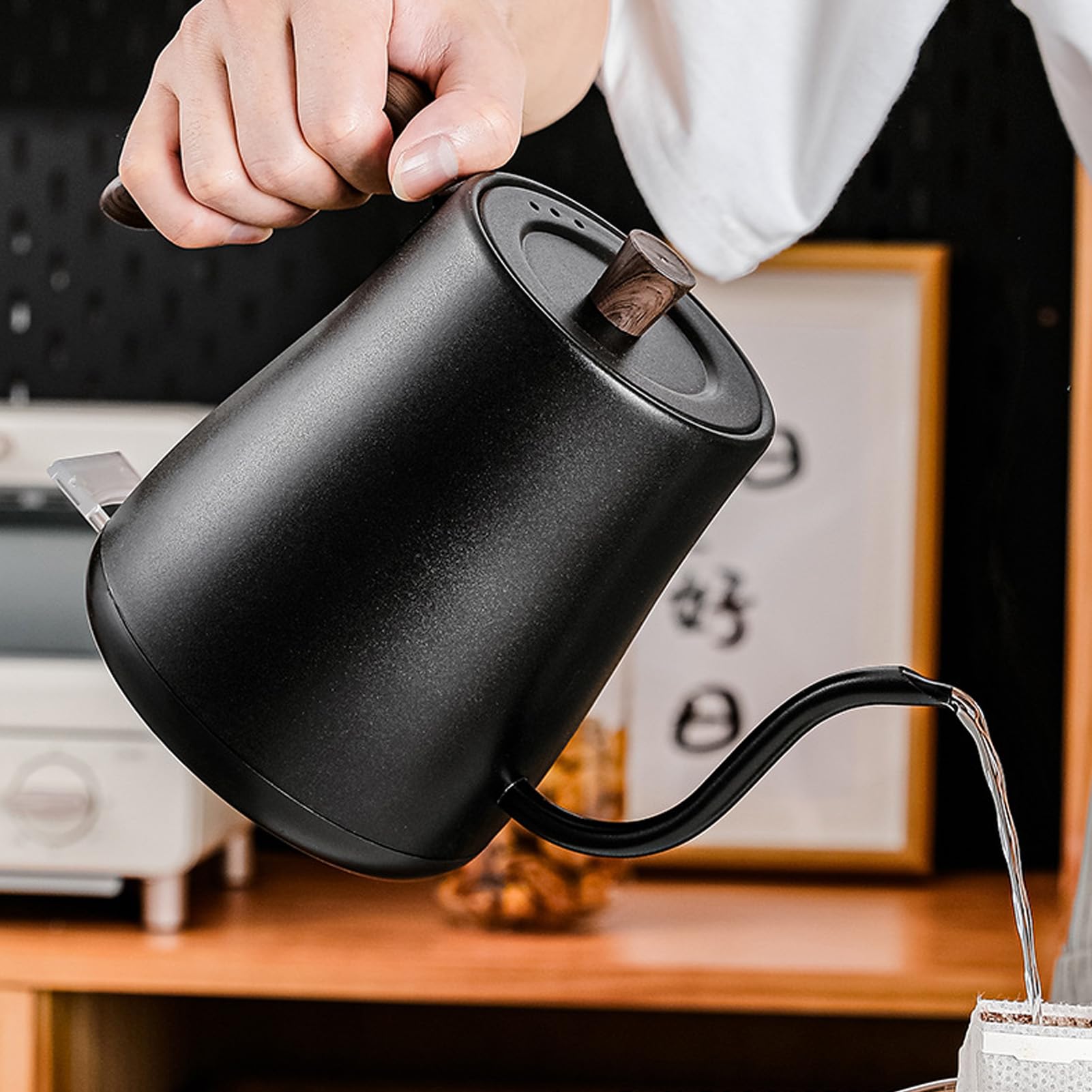 Hervidor Eléctrico de Cuello de Cisne con Asalto Automático Ergonómico para Versiones Seguras Ideal para café y té Negro Madera Diseño de Grano 220V (EU enchufe 220V)