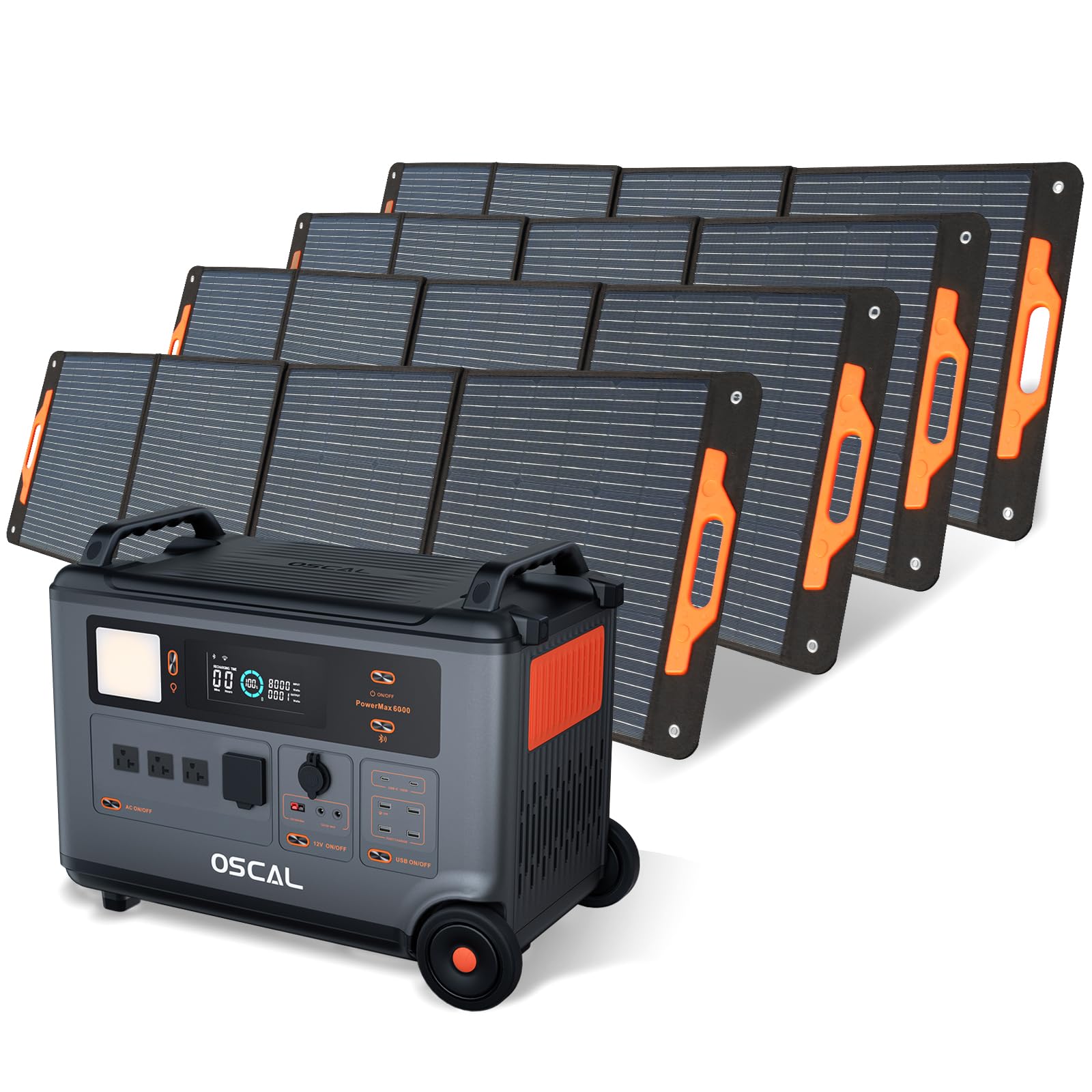 OSCAL PowerMax 6000 Solar Generator with 4 200W Solar Panel 120V 240V Portable Power Station 6000W AC Outlets