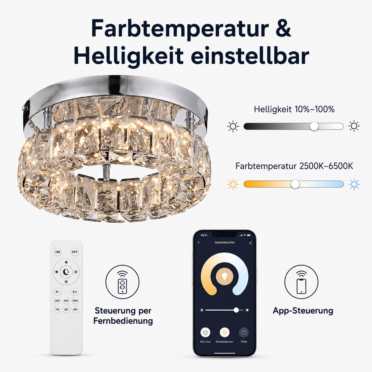 9.8" Kristall Deckenleuchte Led Dimmbar 16W mit Fernbedienung | 25 cm runde small Kristall LED-Deckenleuchte mit 16W, einstellbarer Helligkeit und Lichtfarbe
