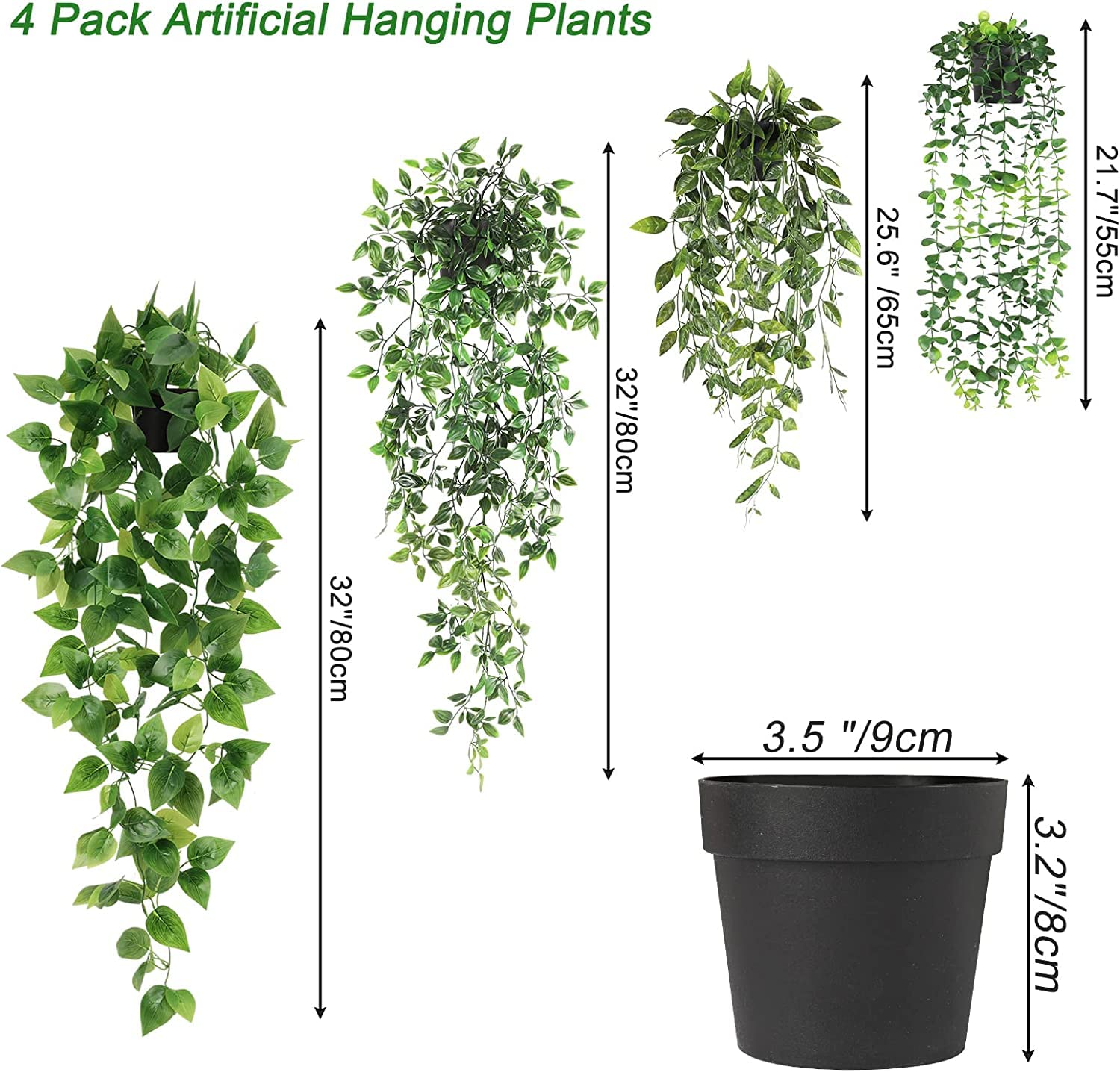 Koksi 4-Pack Artificial Hanging Plant with Pots- Realistic Green Plants Flowers - Indoor & Outdoor Faux Greenery for Home Decoration, Living Room, Bedroom (4-Pack Hanging)