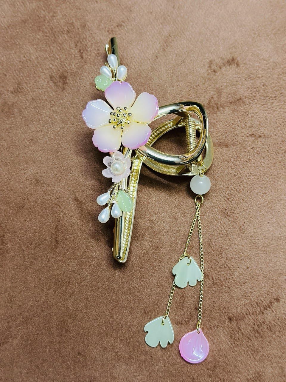 AANAHIL Metal Non-Slip Flower Stone Hair Clip for Women & Girls Colorful Orchid Flower Pearl Tassel Hair Claw Large Strong Hold Fashion Hair Clip for Thick & Thin Hair (1 Pc, Gold)