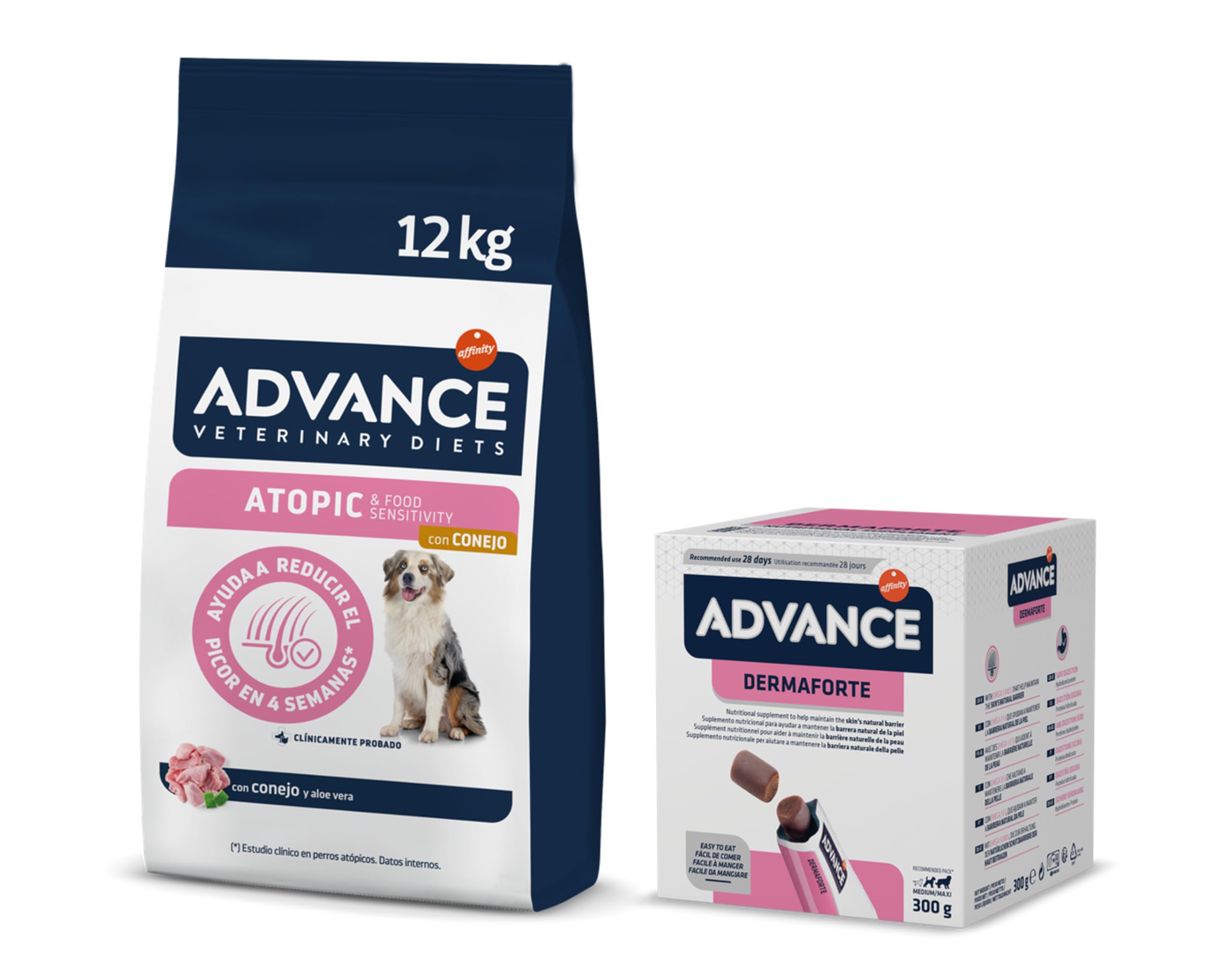 Advance Atopic Rabbit Canine 12 kg + Advance Suplemento Nutricional para Perros Dermaforte, Caja de 60 Partículas de 5 gr
