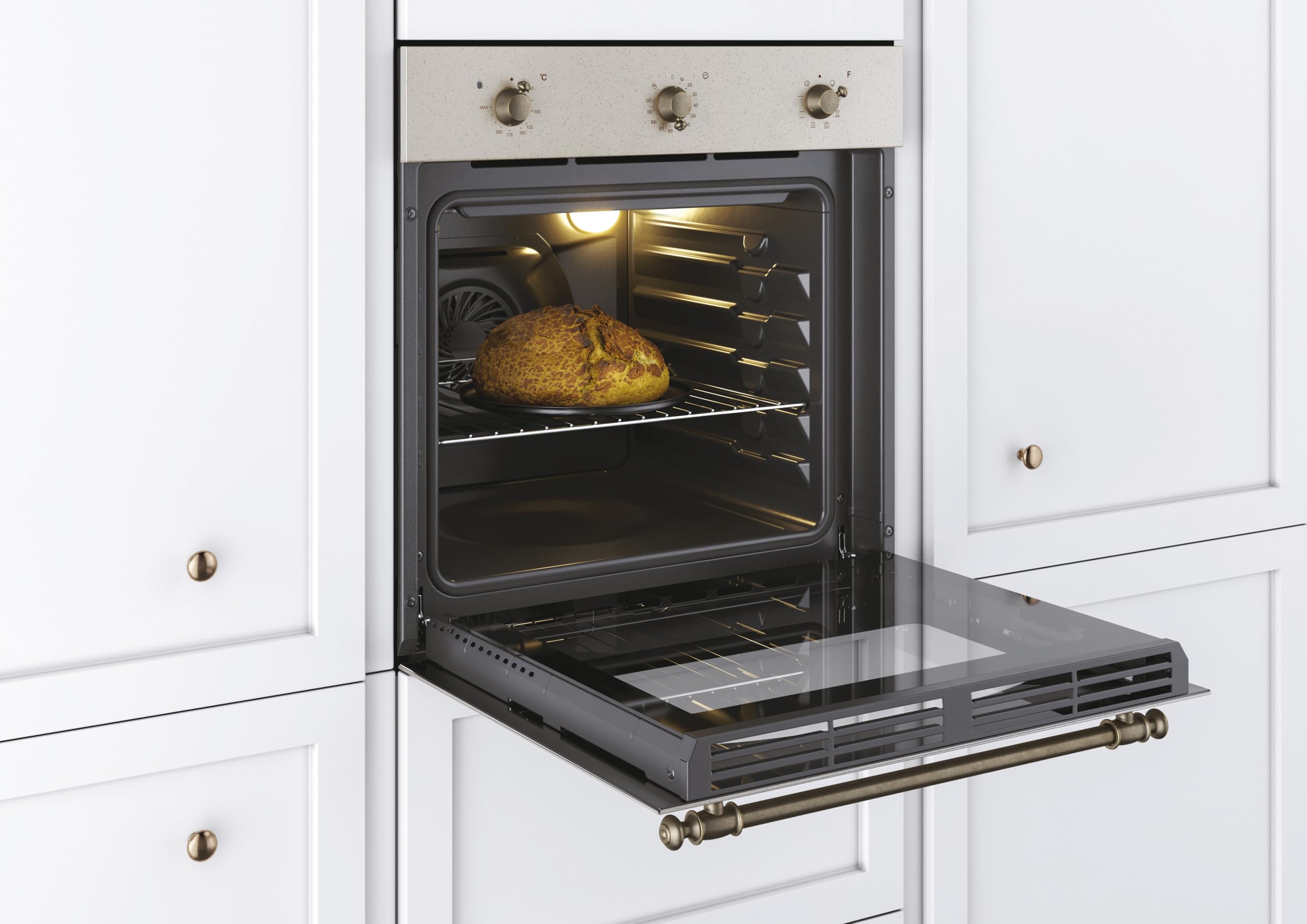 Candy Classic Forno Elettrico da Incasso Ventilato, 65 Litri, Classe A+, Funzione Pizza, 8 Programmi di Cottura con Funzione Cook Light, Design Rustico, 59,5 x 59,5 x 56,8 cm, Color Avena - FCC603NAV