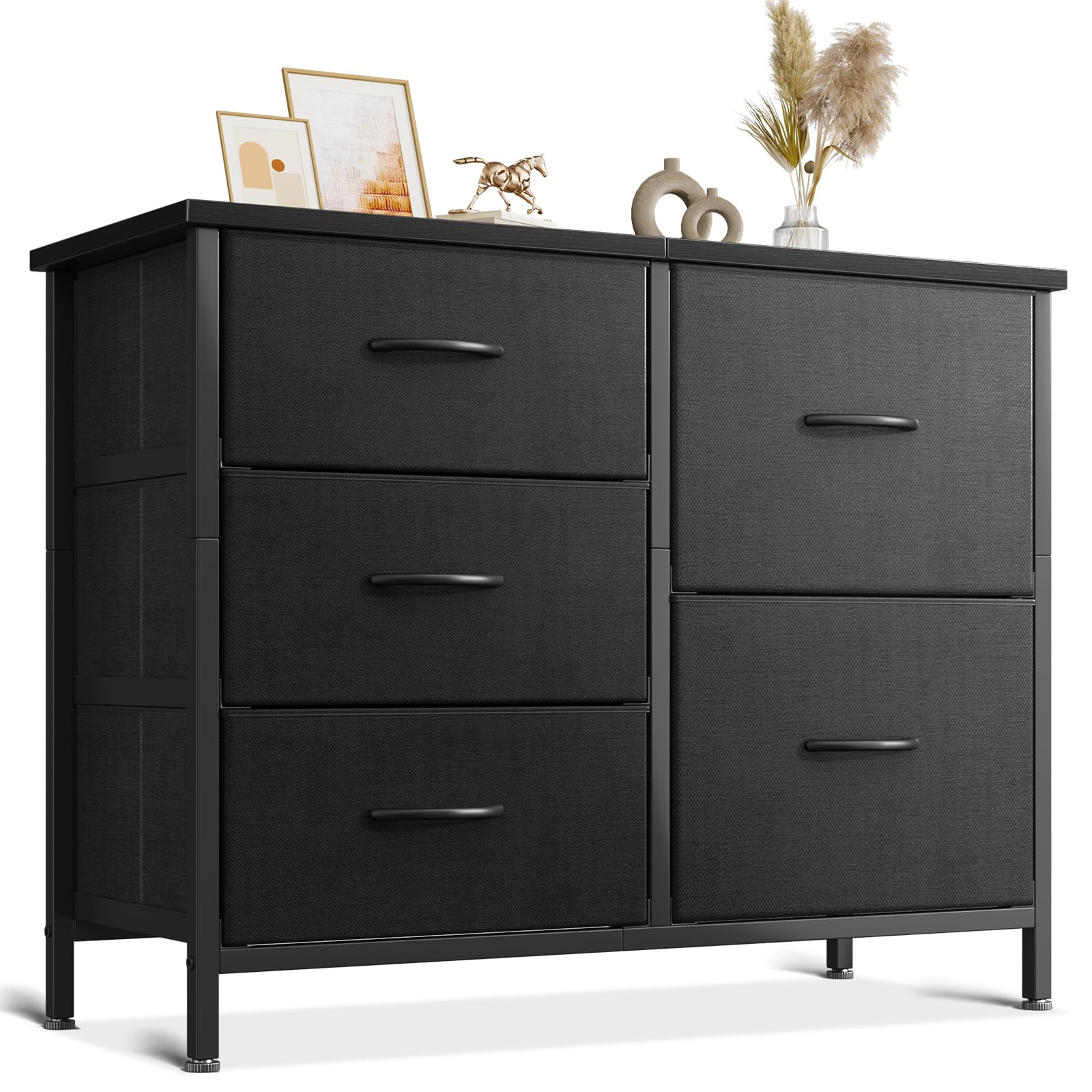 Coleshome Kommode mit 5 Stoffschubladen, Kommode mit Schubladen mit 2 Große und 3 Kleine, Holzplatte Robustem Stahlrahmen, Geeignet für Schlaf- und Wohnzimmer, 76 x 29 x 60cm, Schwarz
