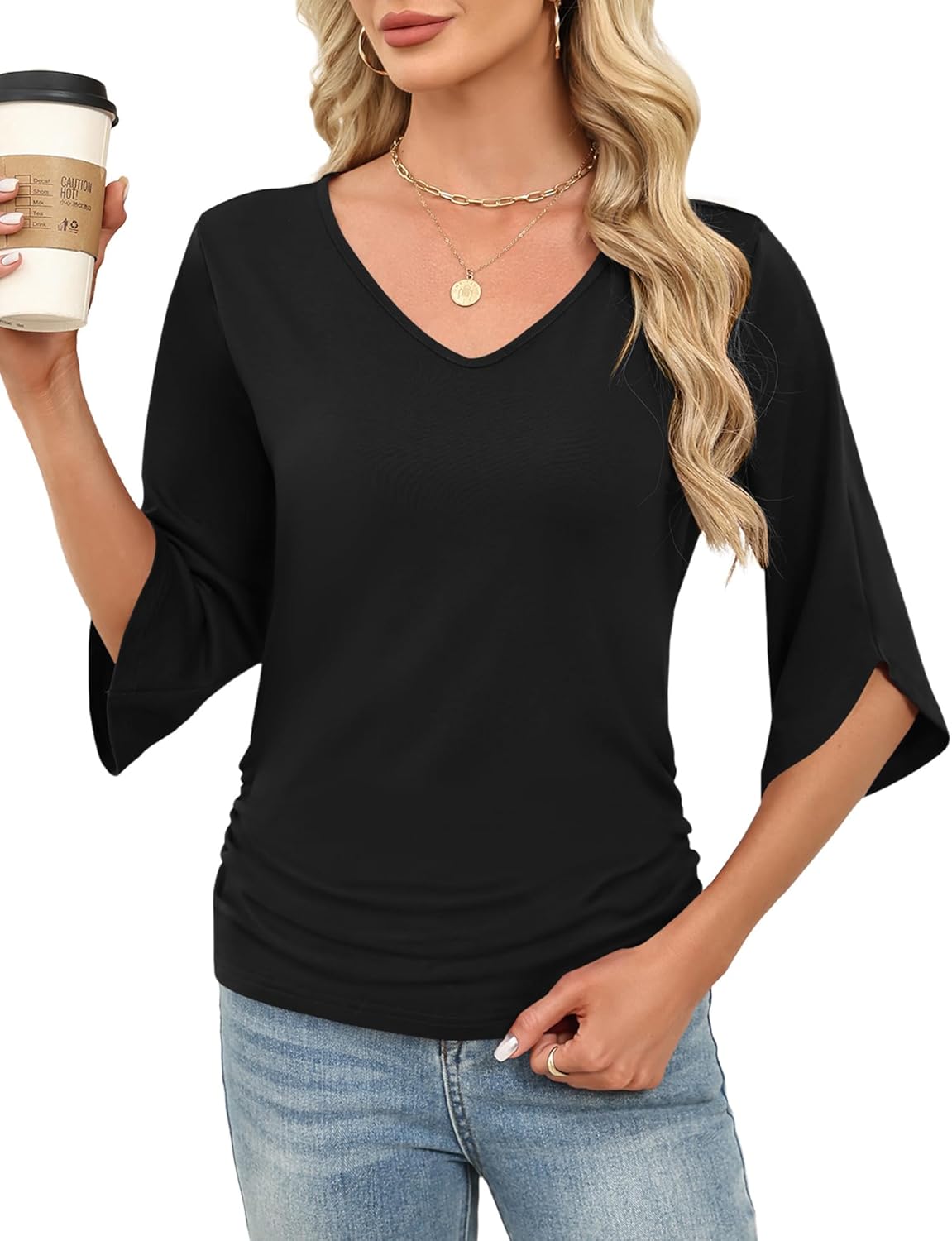 Micoson Womens 3/4 Sleeve Tops and Blouses Dressy Casual Summer Tops V Neck Work Clothes - Image 2
