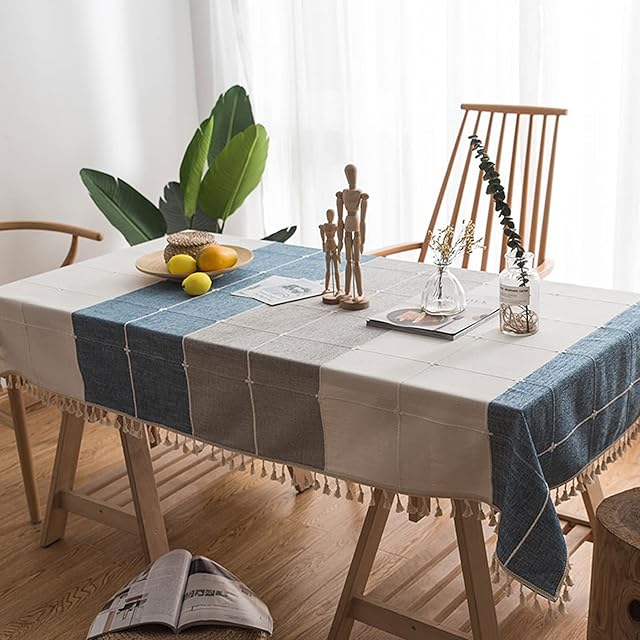 H&Wanss Tablecloths Rectangle Washable Table Cloth Heavy Duty Dust-Proof Table Cover for Party Kitchen Dining Table with Tassel Stitching (Blue Grey, 55"X63")