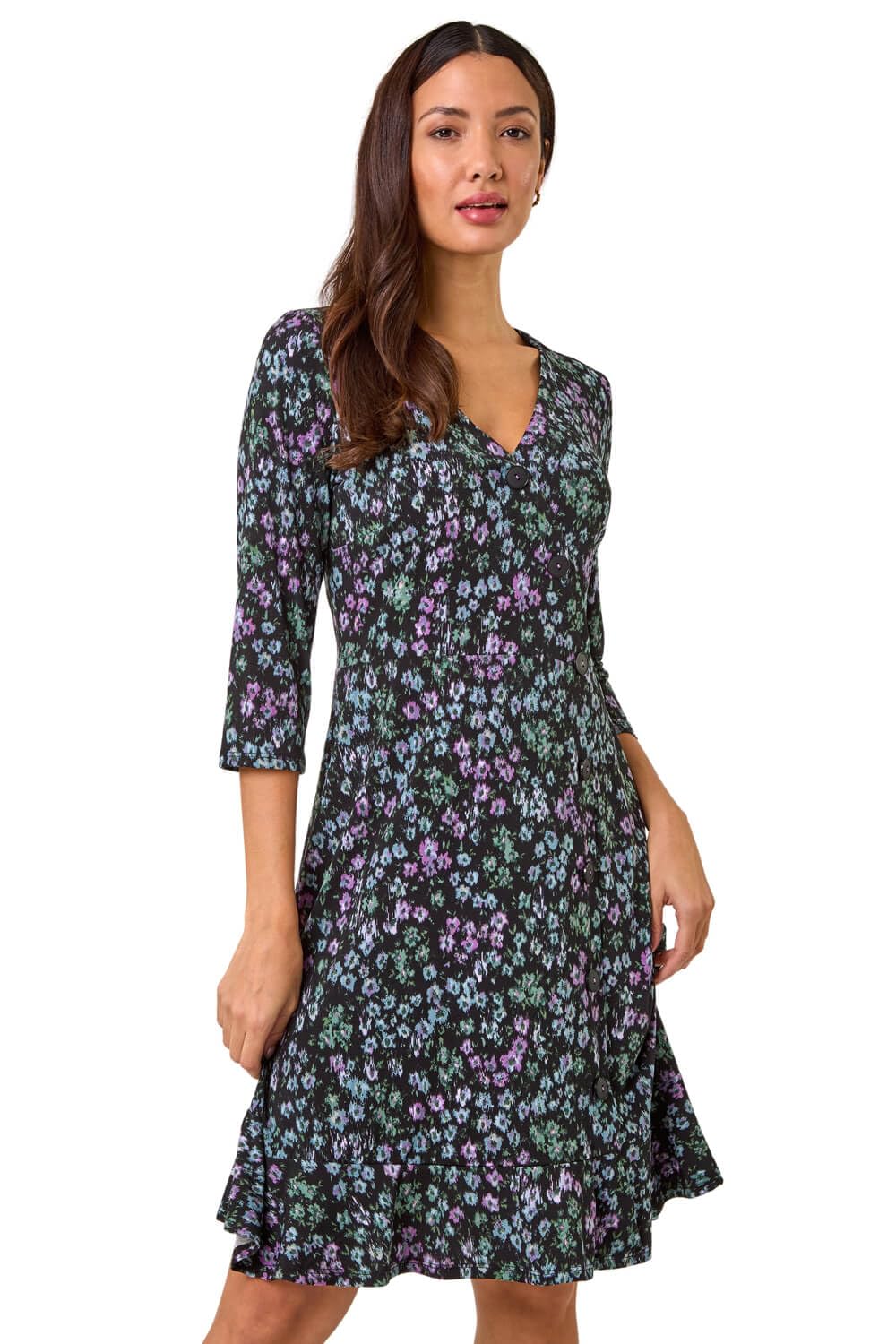 Roman Women's Black Floral Print Side Button Stretch Dress In Size 18