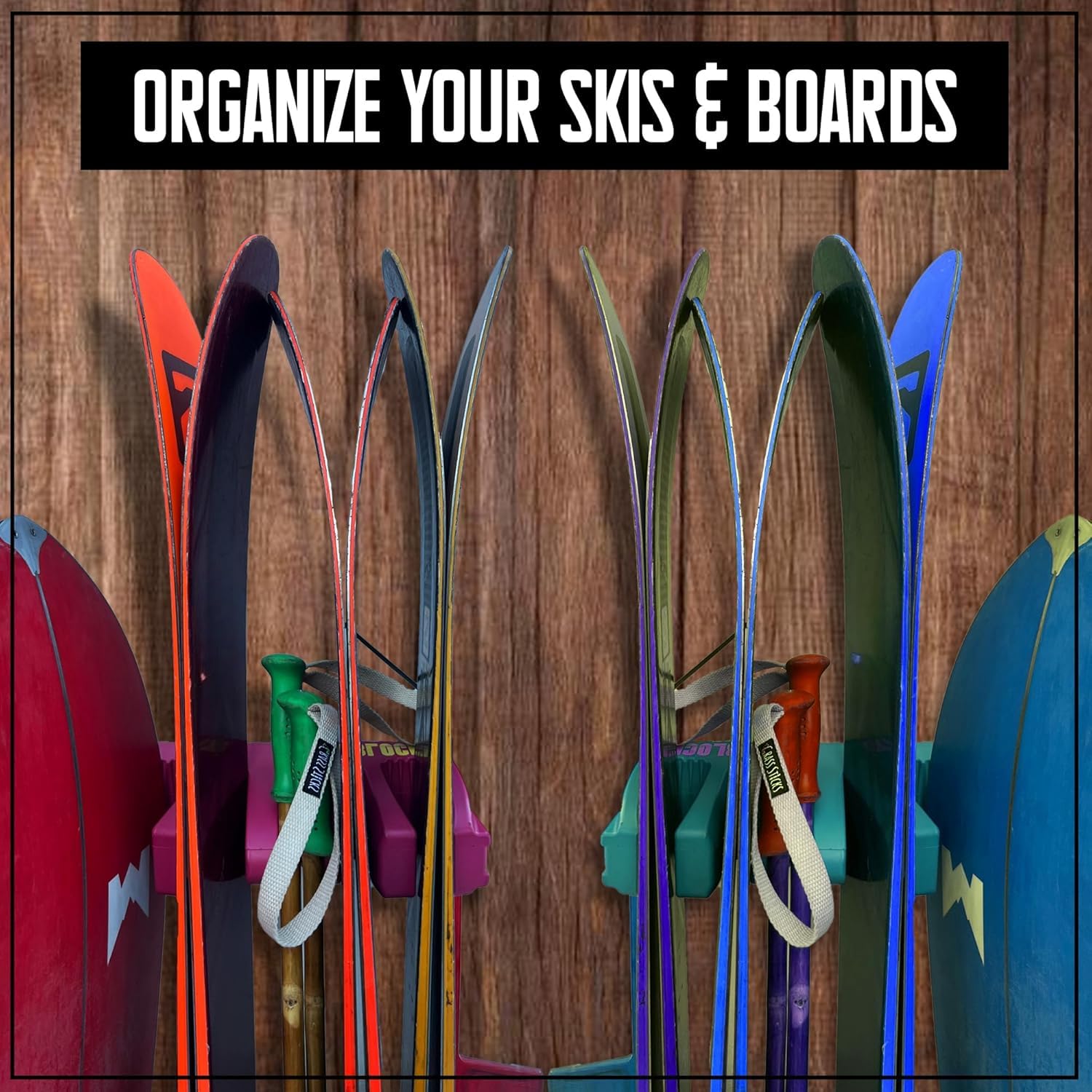 SKI BLOCKS Snowboard and Ski Storage Rack - Set of 2 Portable & Non-Slip Design Ski Holder for Outdoor and Indoor Organization, Fits any Ski/Snowboards, Holds 6 Skis (Green)