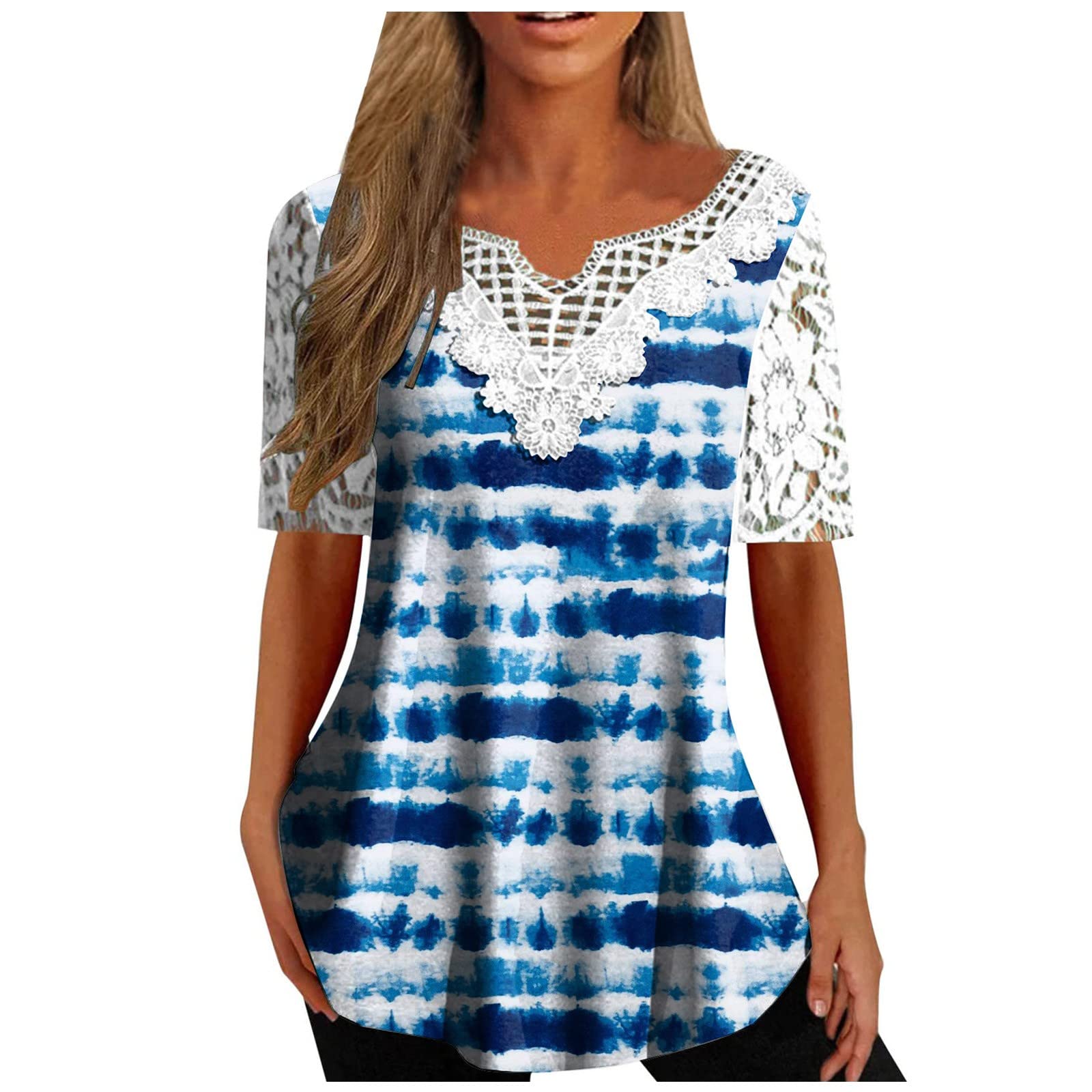 Women's Loose Comfy Fashion Casual T-Shirt Top V Neck Plus Size Printed Shirt Flowy Hem Short Sleeve Blouse Tees