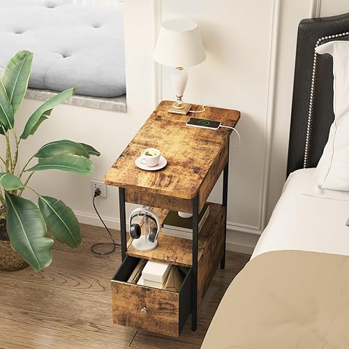 Miniatura 6 de SOOWERY Mesa auxiliar con estación de carga, mesa auxiliar estrecha con armario abatible y cajón de tela, mesitas de noche para espacios pequeños,