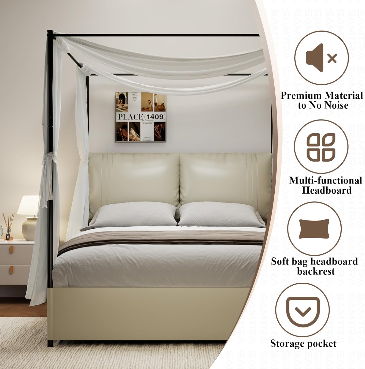 Modern Canopy Bed Frame with Upholstered Faux Leather Headboard – Tall Four Poster Metal Platform Bed, No Box Spring Needed, King Size, Rustic White