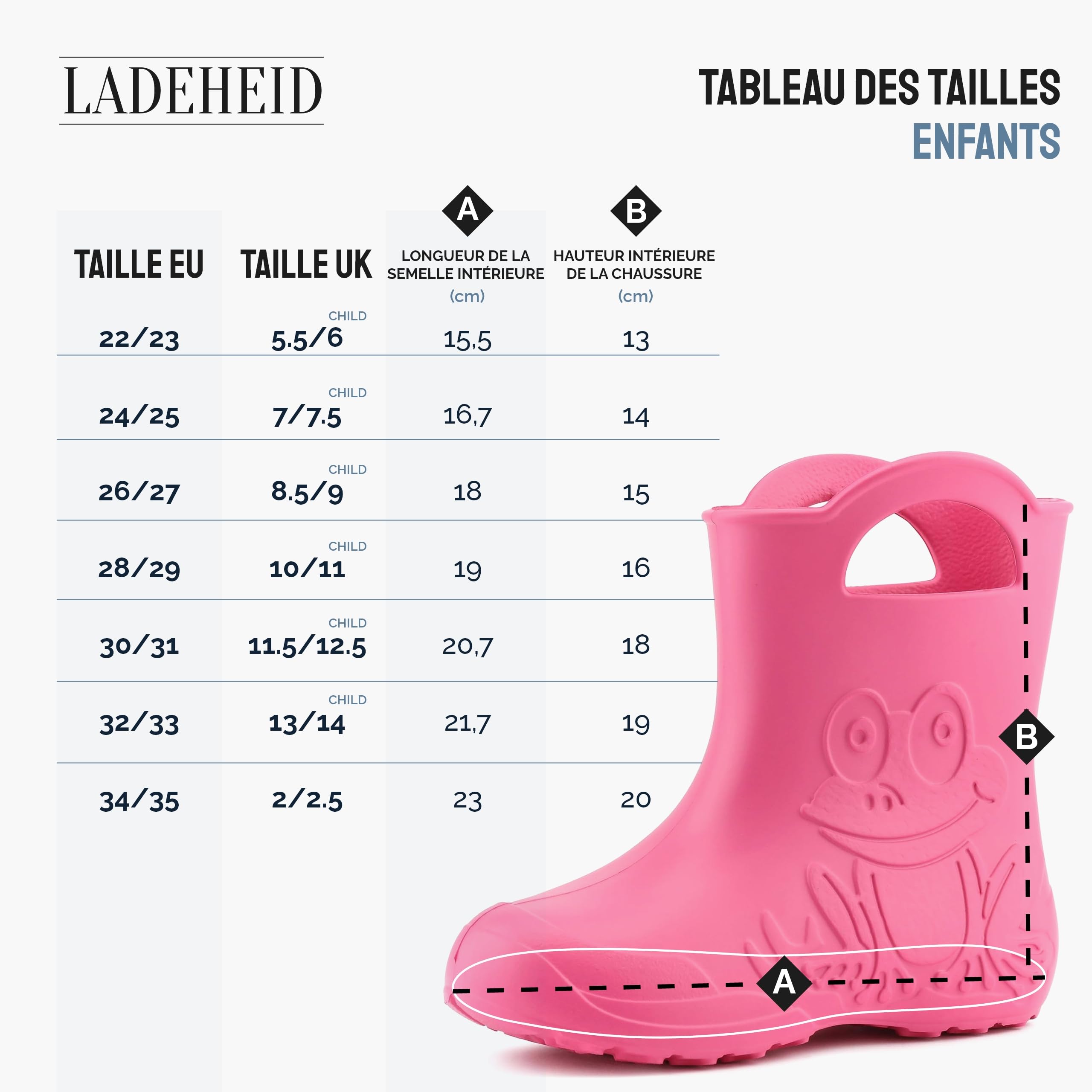 Ladeheid Bottes pluie enfant EVA ultralégères étanches avec poignées semelle antidérapante motif grenouille LA-CA-01
