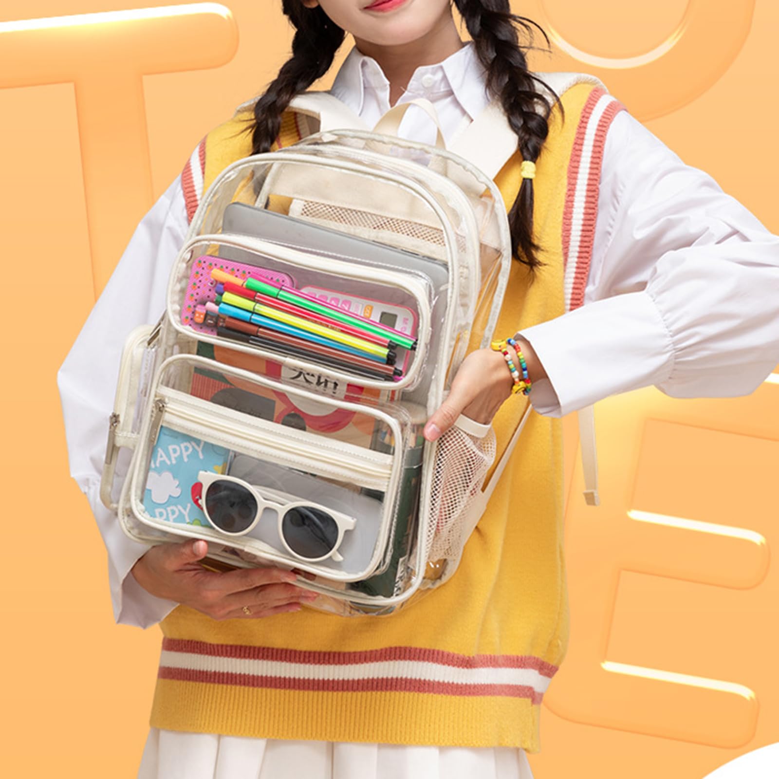 Zaino per laptop trasparente Zaino casual in PVC Zaino da scuola Zaini giapponesi Zaino di grande capacità per lavoro studentesco Borsa per libri trasparente, Nero , Medium