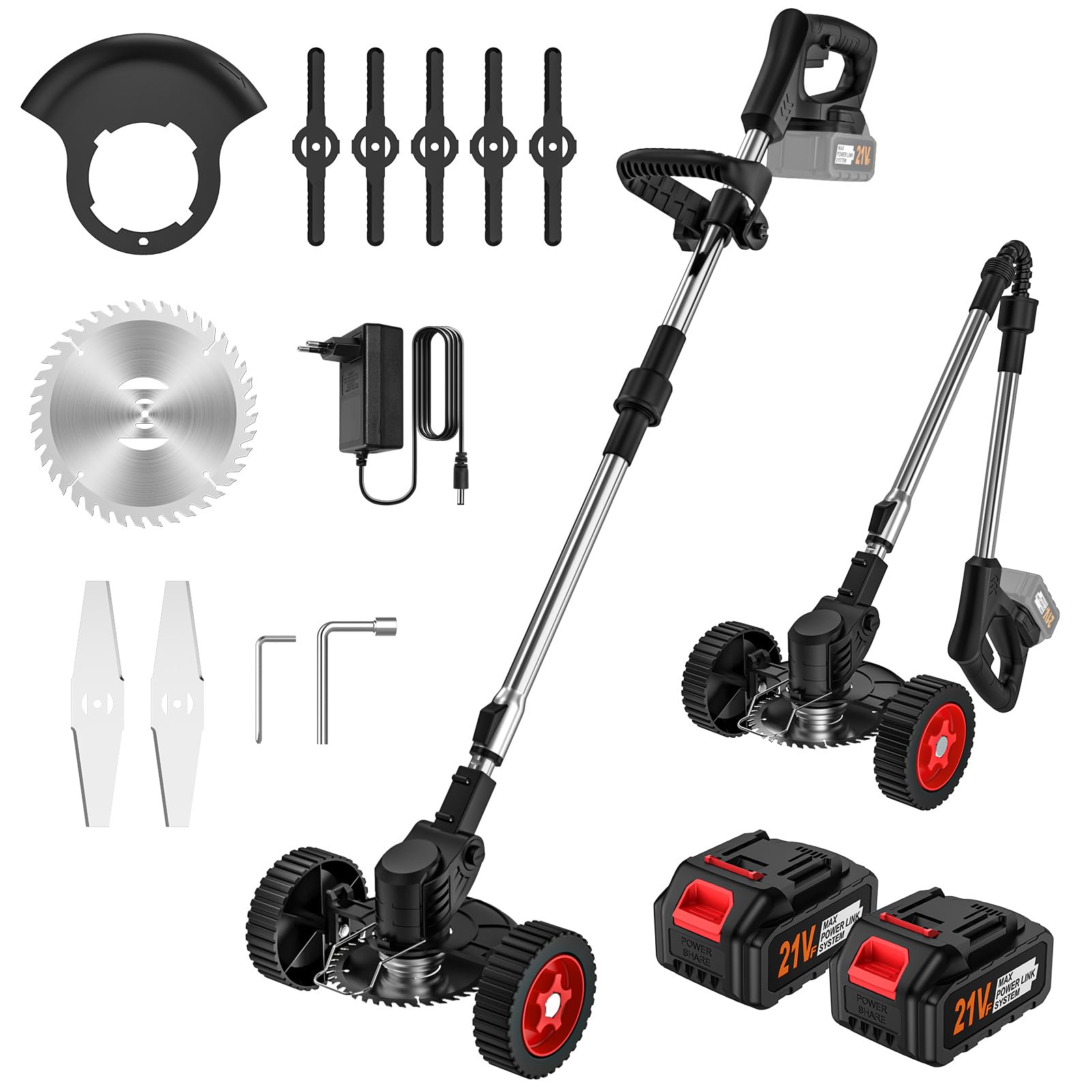 Desbrozadora Bateria 21V, Desbrozadora Electrica con 2 x 3.0Ah Baterías y 3 Cuchillas, Ruedas Desmontables, Varilla Telescópica, Cortacésped de Batería Plegable para Recortar Césped y Arbustos