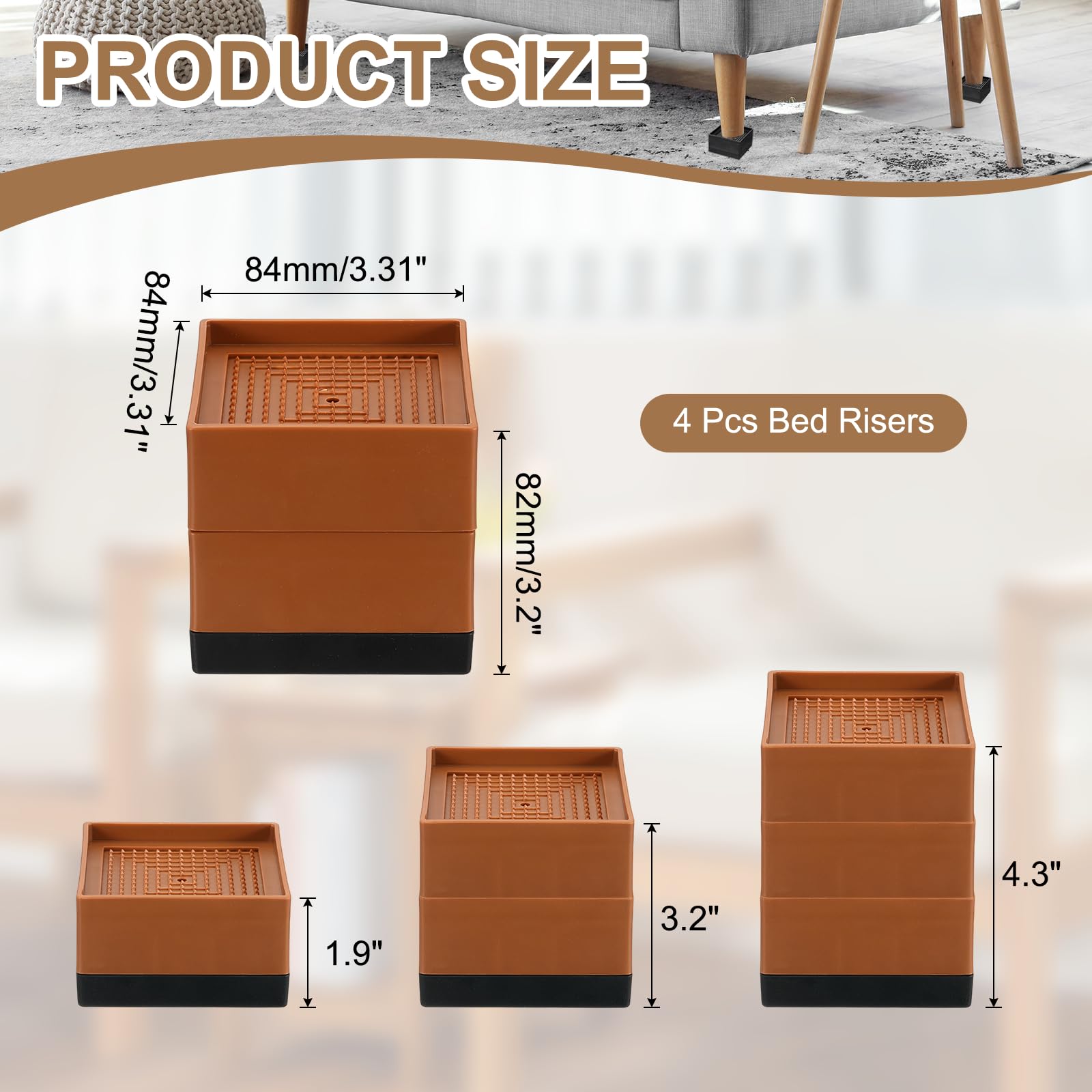 QUARKZMAN 4 Pcs Elevadores Cama Cuadrados Resistentes Y Apilables para Elevar 1.9 Pulgadas Y 3.2 Pulgadas Elevadores Muebles Plástico para Patas Escritorio Silla Mesa Refrigerador Marrón
