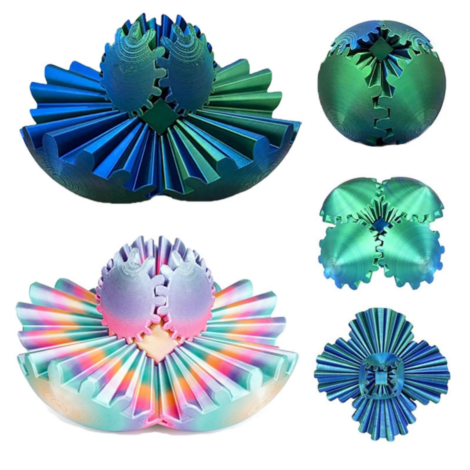 3D Printed Gear Ball Fidget Toy 2 Pack - 6cm Gearball Fidgets for Kids & Adult Fidget Toys for Stress Relief - Sensory Spinning Gear Sphere for Anxiety & Office Desk (Blue-green + Rainbow, 2.36 in)