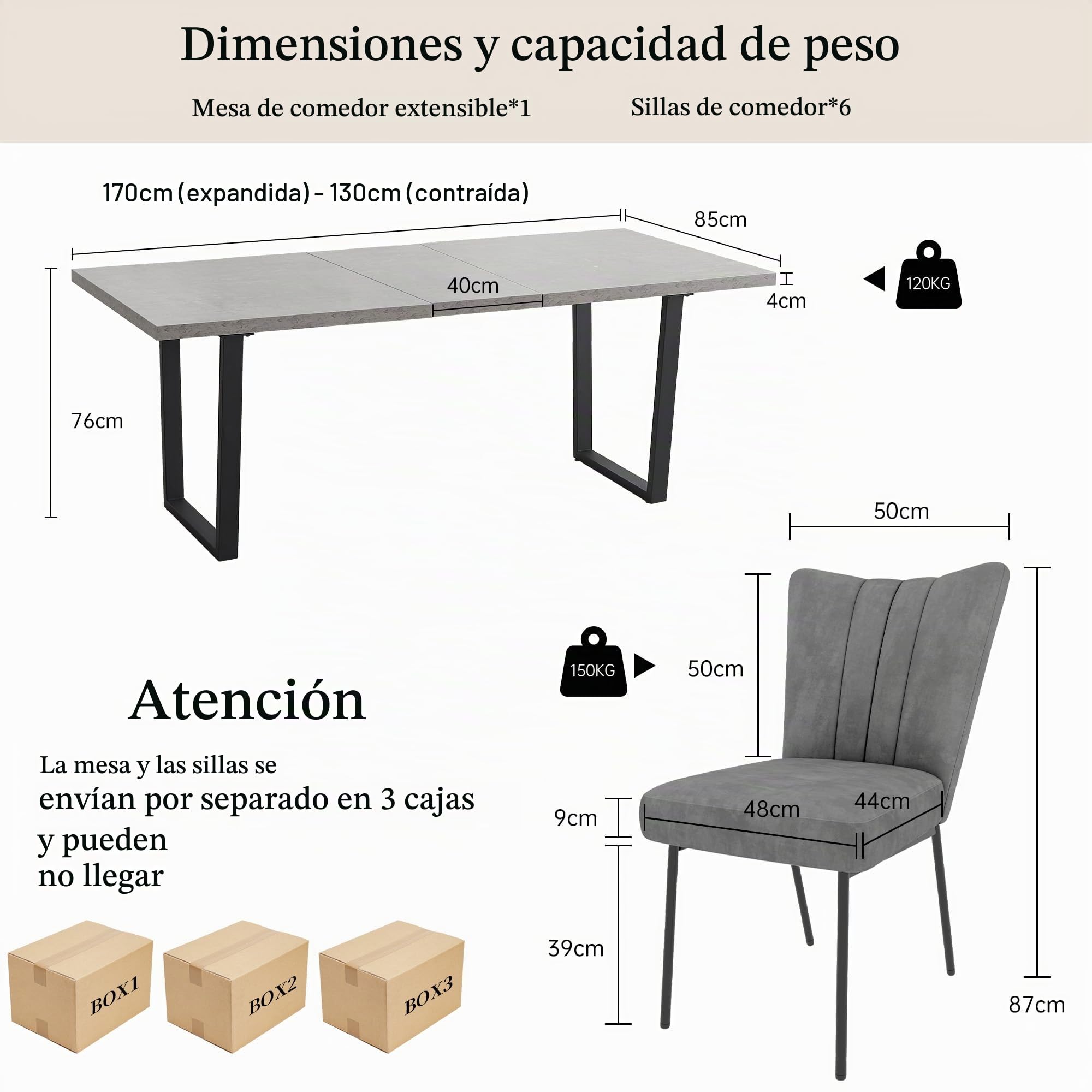 Table de salle à manger extensible en MDF pour 4-6 personnes avec 4 chaises grises, table de cuisine polyvalente en bois 130-170 cm, idéale pour salle à manger et espace de cuisine