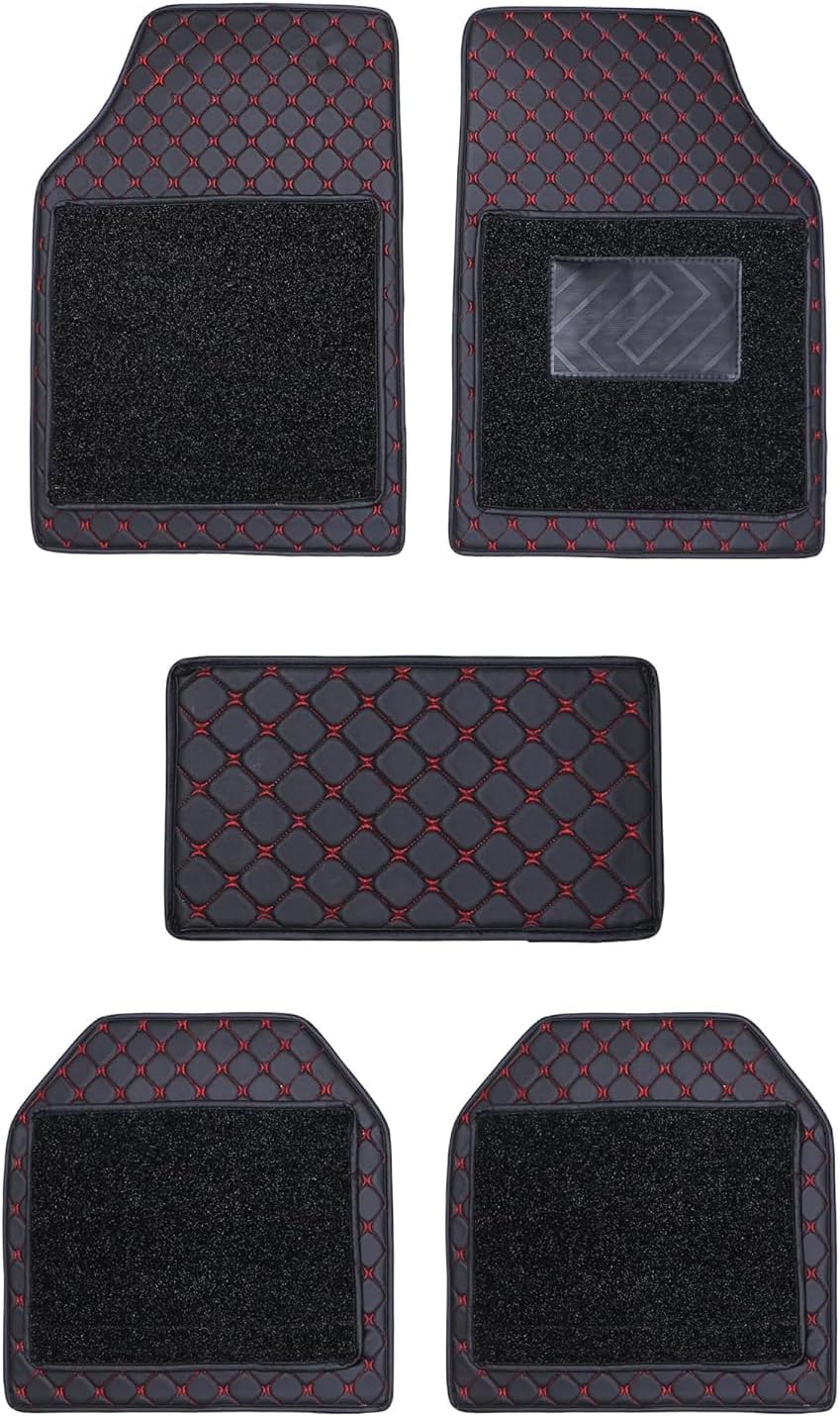 CARNEST 7D Car Floor Mats Compatible with -Renault Duster (2014 Onwards) All Model, Set of 5 Pcs, 100% Waterproof Luxury Leather Triple-Stitch Car Foot Mat with Detachable Grass, Black/Red