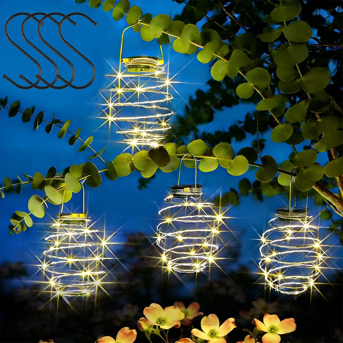 4pcs Lanterns for Outside, Solar Light Spiral LED Lanterns, Outdoor Hanging Lantern Lights with Hook, Waterproof Warm White Pathway Lighting, Solar Chandelier Camping for Porch Patio Garden Decor