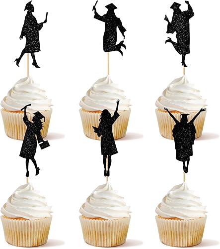 Miniatura 1 de 24 piezas de decoración de cupcakes de graduación para estudiantes con purpurina clase de 2024 para niñas, silueta de graduación para cupcakes para