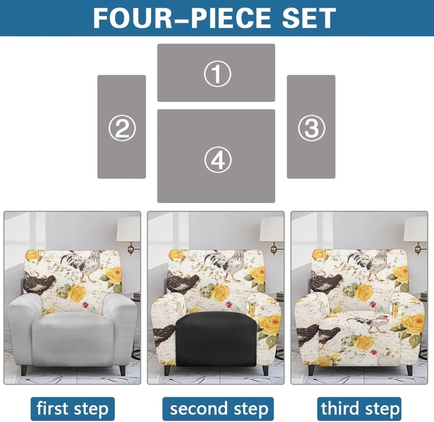 FOR U DESIGNS Chicken Beige 4-Piece Stretch Recliner Cover Set Non Slip Universal Fit with Storage Pockets Machine Washable Furniture Protector for Living Room Sofa Chair