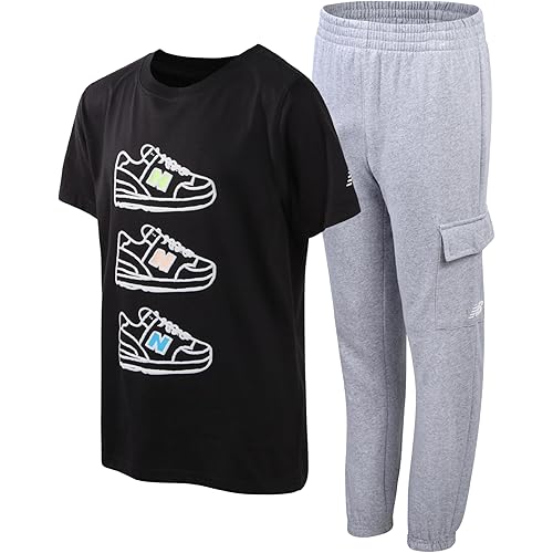 New Balance Boys Pants Set - 2 Piece Pullover Boys Shirts Graphic Tee and Athletic Jogger Pants Kids Activewear Set (8-16)