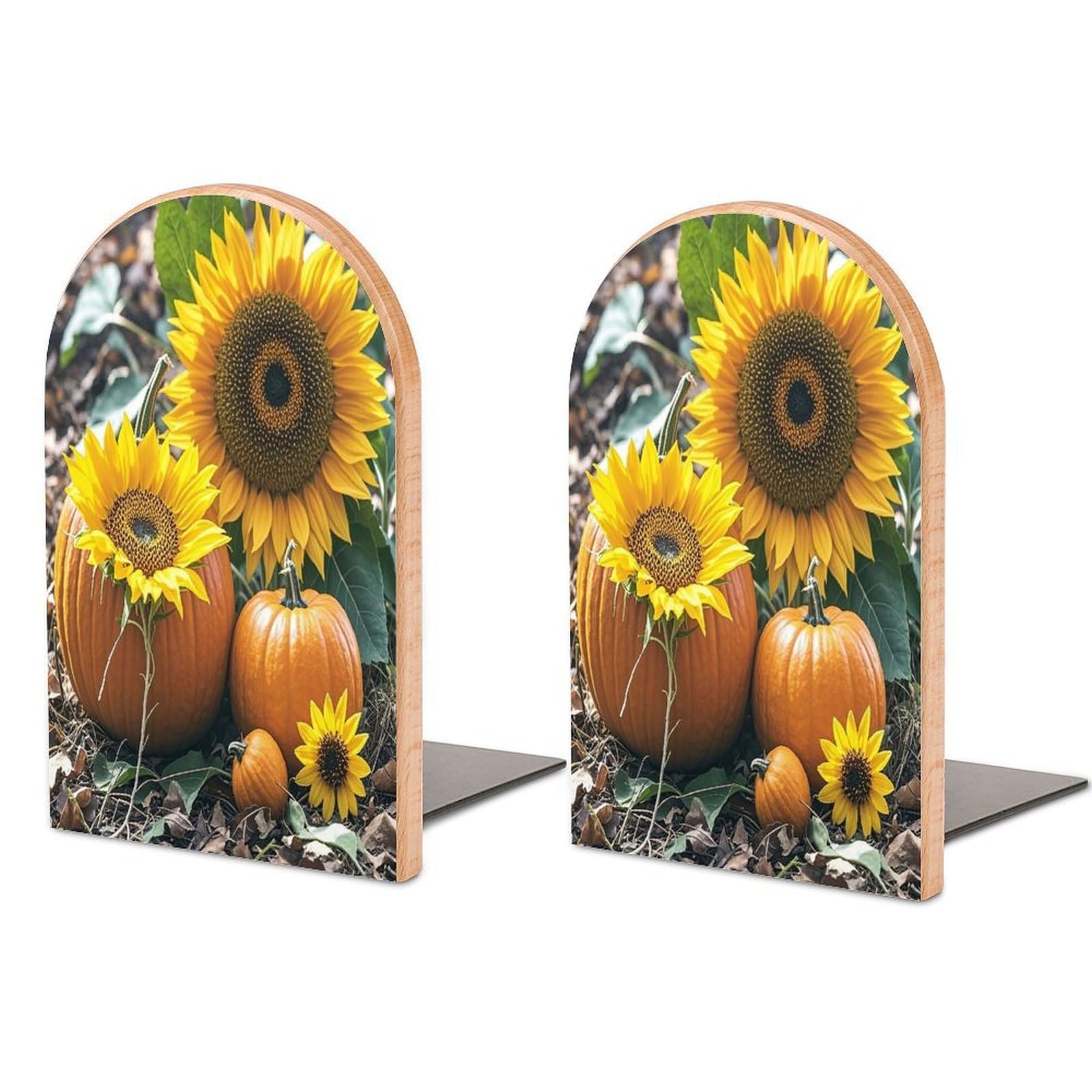 Pumpkins and Flowers Bookend for Shelves Unique Book End Sturdy Books Holder Heavy Duty Wooden Bookends Support Non-Slip Book Organizers Decorative Modern Bookend Holder for Home