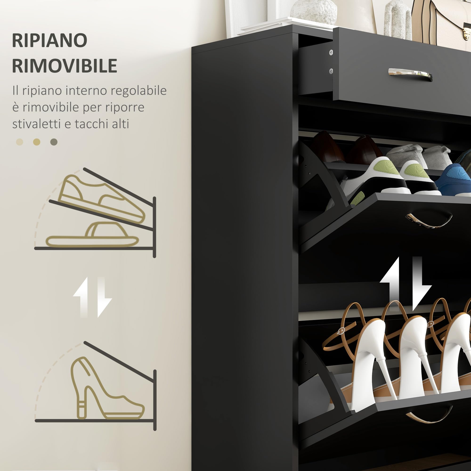 HOMCOM Scarpiera Moderna con 2 Ripiani Interni Regolabili e 2 Cassetti da 12 Paia di Scarpe, Mobile per Scarpe Salvaspazio in Legno, 80x30x91.5 cm, Nero