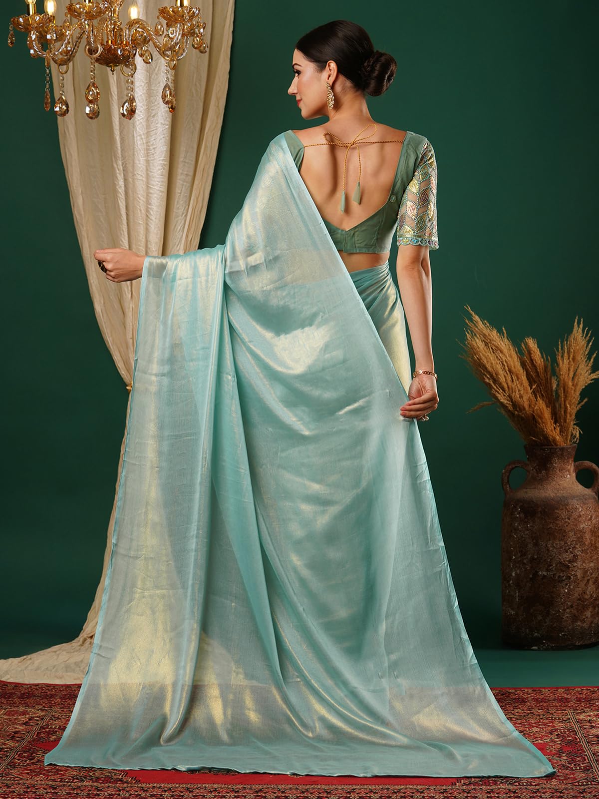 Satrani Women's Shimmer Georgette Dual Tone Saree With Unstitched Blouse Piece (3904S476N_Light Sky Blue)