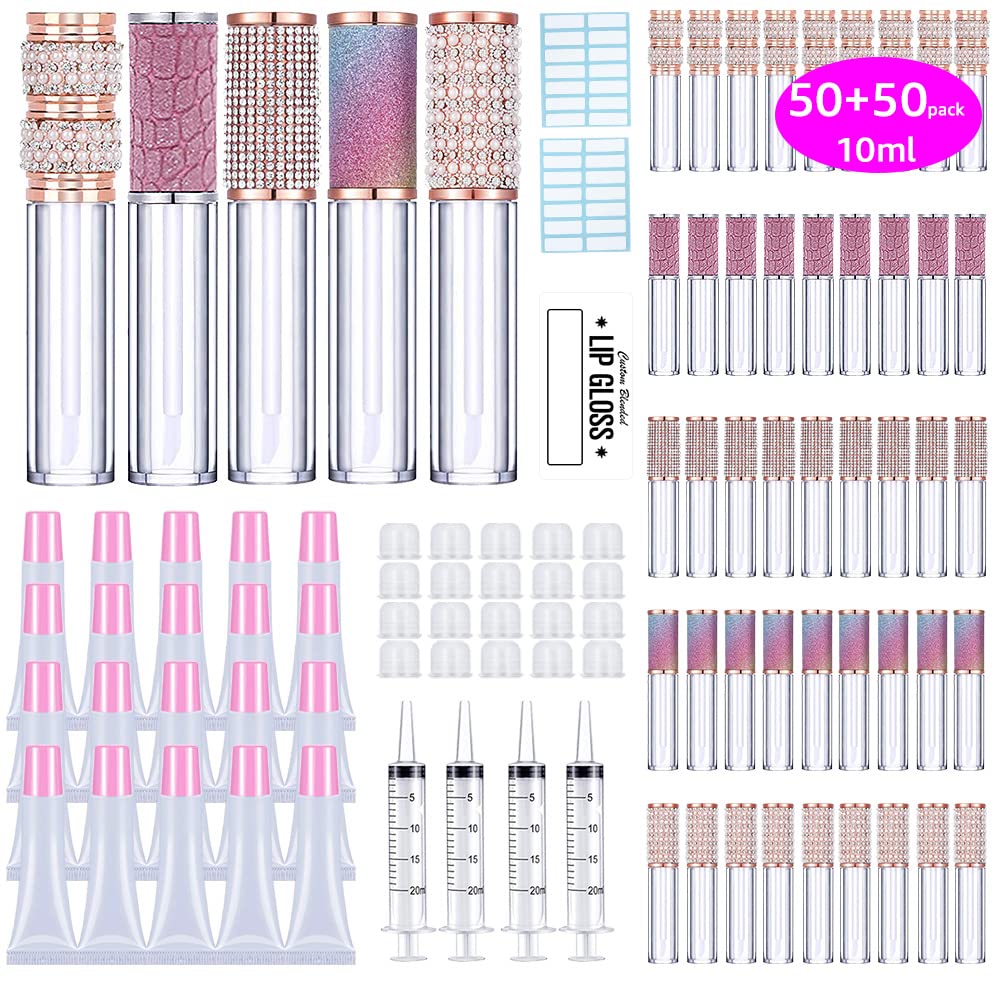 AMORIX 10ml Pink Cap Lip Gloss Tubes and 50 pcs Lip Gloss Tubes with Wand